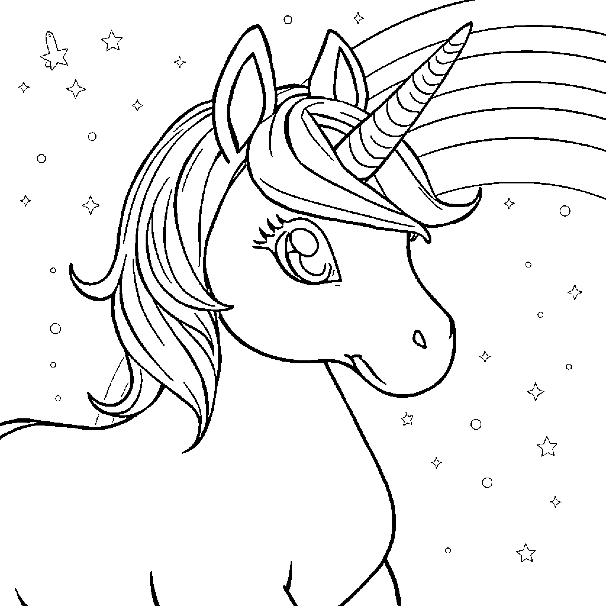 Unicorn gazing at the starry night sky Coloring Page (free black-and-white line drawing printable PDF for all, from beginners to advanced learners, including children, teens, adults, and seniors)