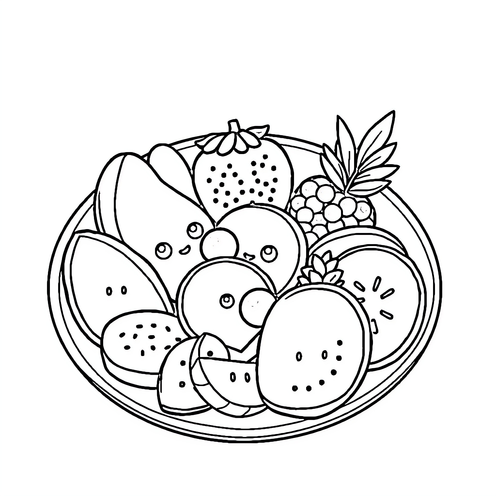 Fruit Bowl with Assorted Fruits Coloring Page (free black-and-white line drawing printable PDF for all, from beginners to advanced learners, including children, teens, adults, and seniors)