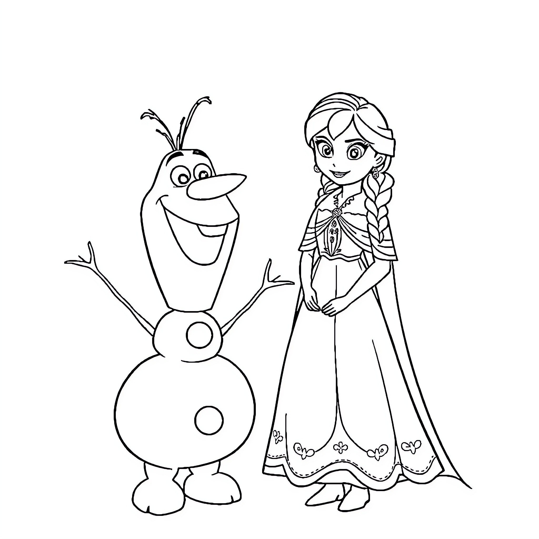 Olaf and Elsa in a playful moment Coloring Page (free black-and-white line drawing printable PDF for all, from beginners to advanced learners, including children, teens, adults, and seniors)