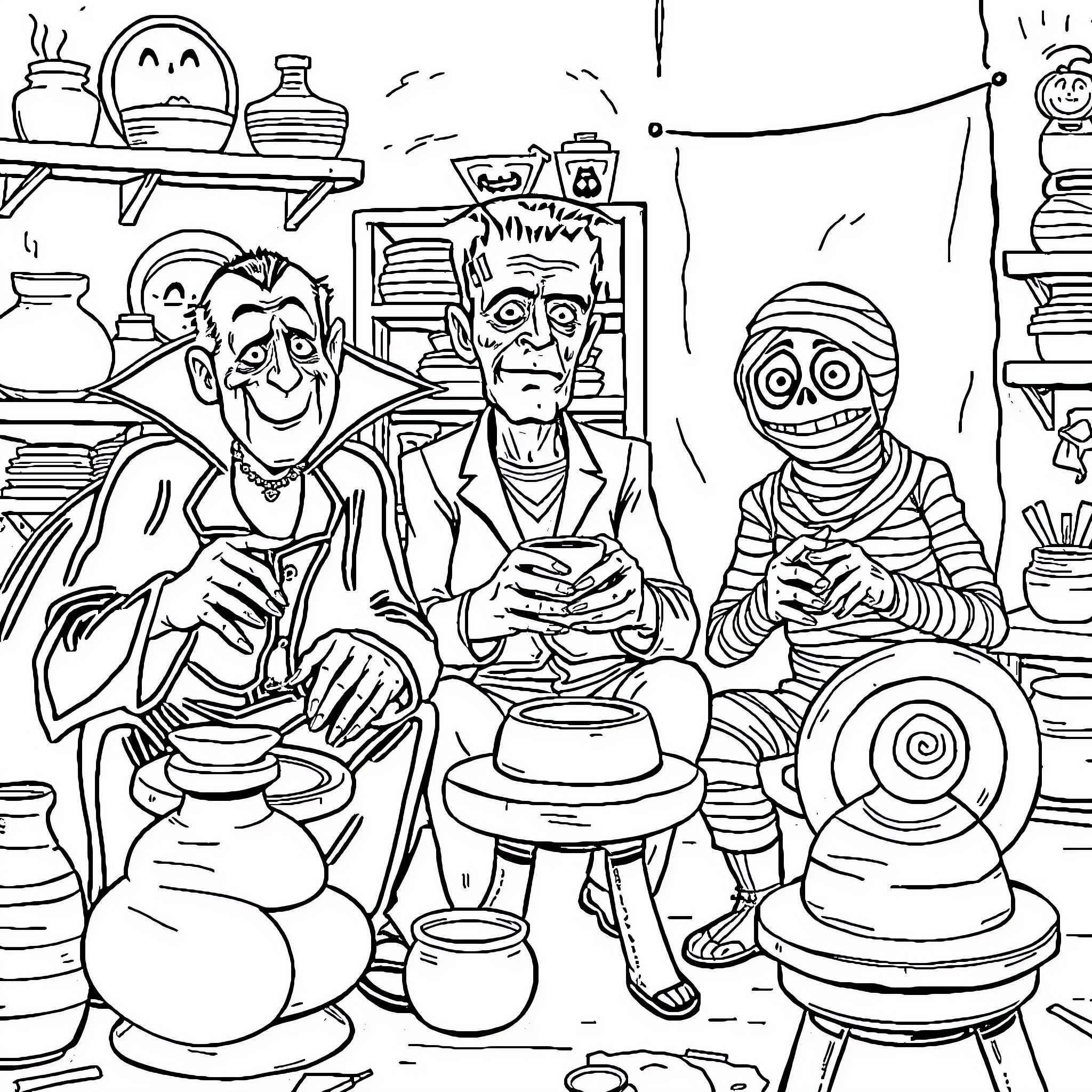 Horror Icon: Ghoulish Antique Shop Encounter Coloring Page (free black-and-white line drawing printable PDF for all, from beginners to advanced learners, including children, teens, adults, and seniors)