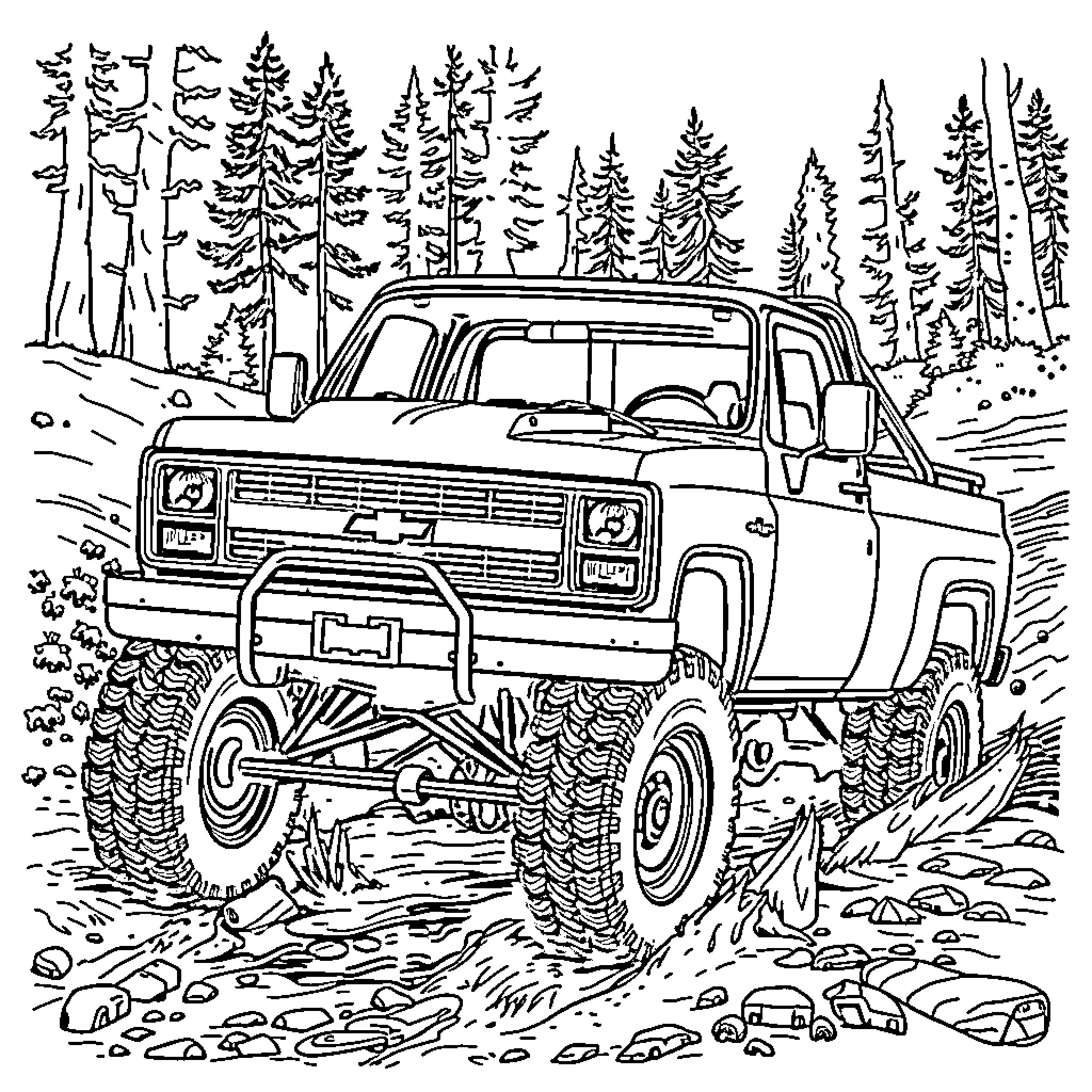 Chevrolet off-road truck in rugged outdoor adventure Coloring Page (free black-and-white line drawing printable PDF for all, from beginners to advanced learners, including children, teens, adults, and seniors)
