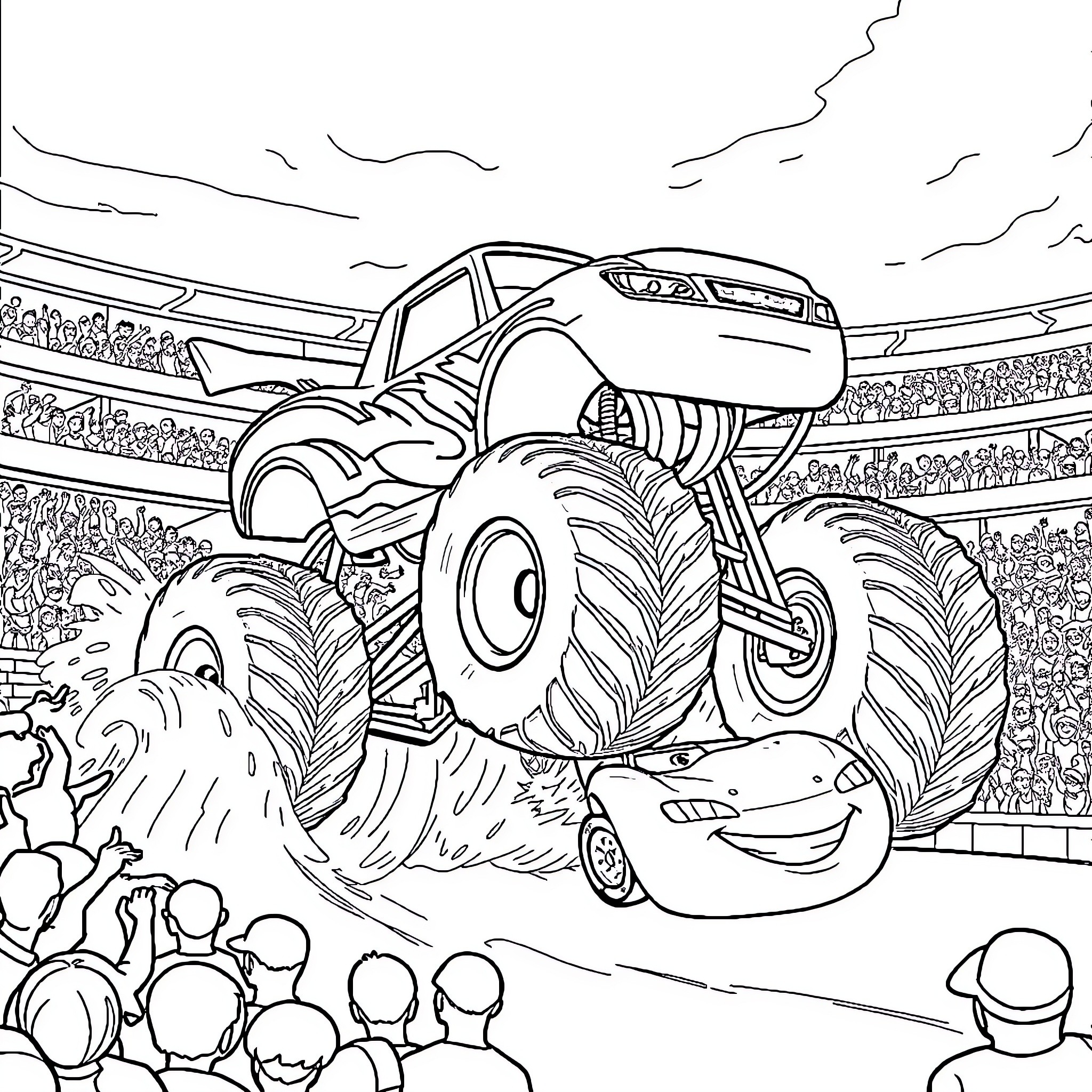 Lightning McQueen racing at the monster truck show Coloring Page (free black-and-white line drawing printable PDF for all, from beginners to advanced learners, including children, teens, adults, and seniors)