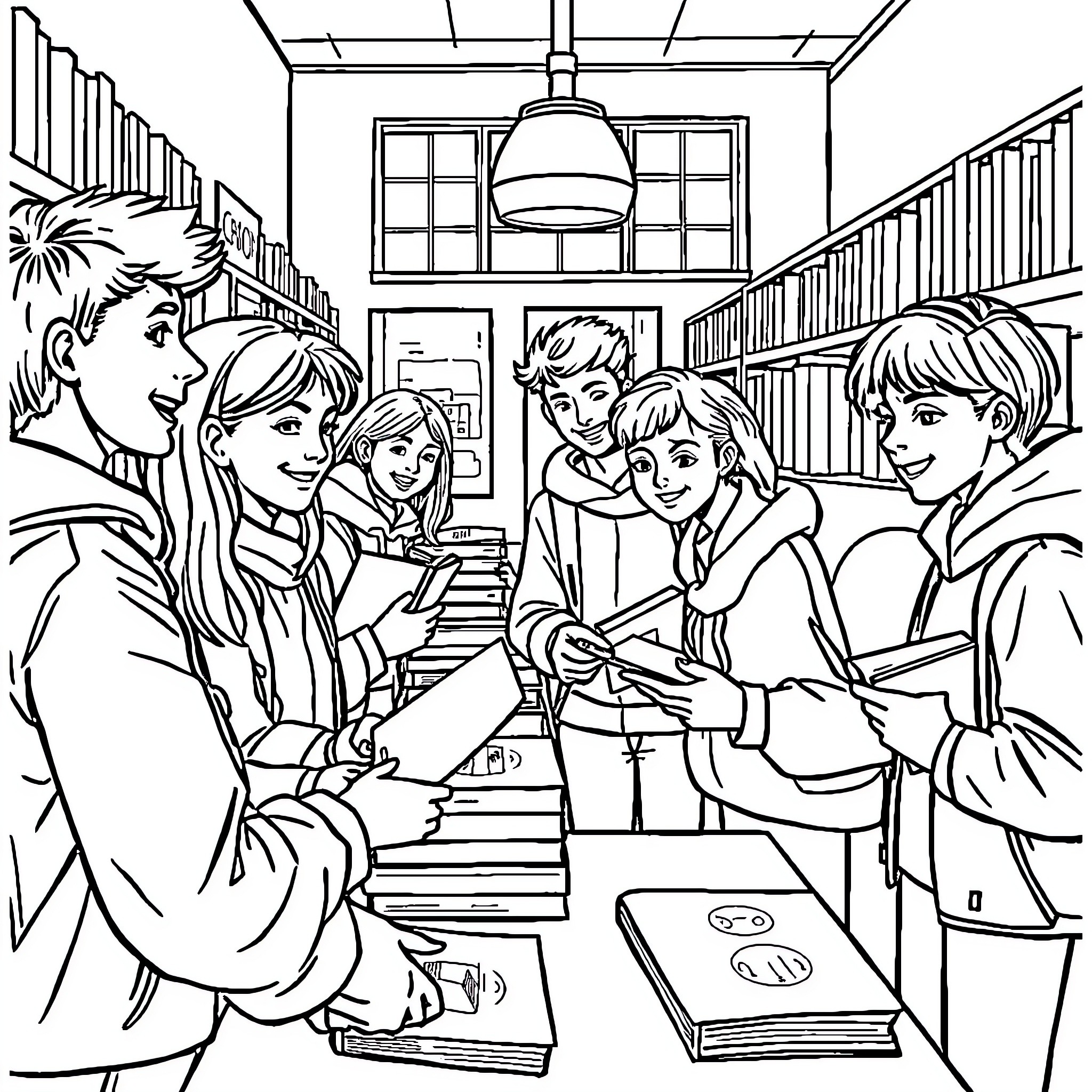 Book characters studying together in the library Coloring Page (free black-and-white line drawing printable PDF for all, from beginners to advanced learners, including children, teens, adults, and seniors)