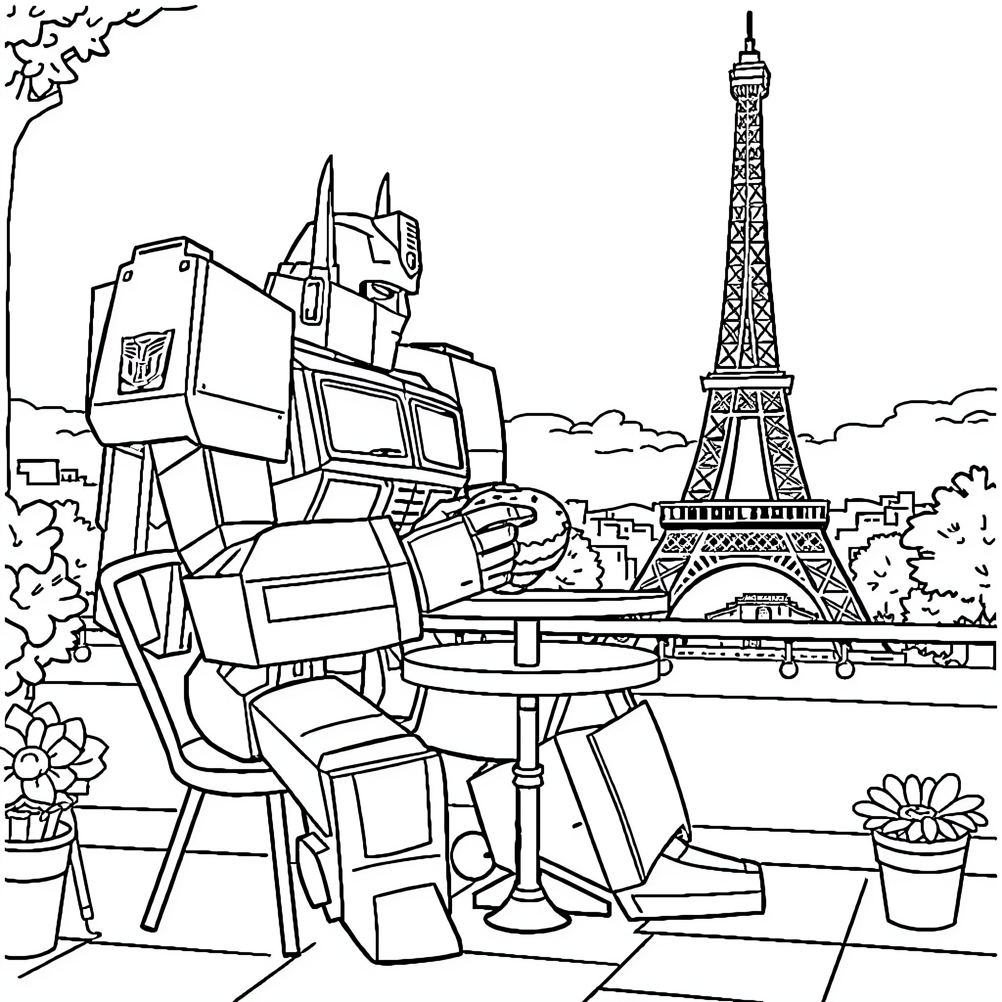 Optimus Prime Explores the Eiffel Tower Landscape Coloring Page (free black-and-white line drawing printable PDF for all, from beginners to advanced learners, including children, teens, adults, and seniors)