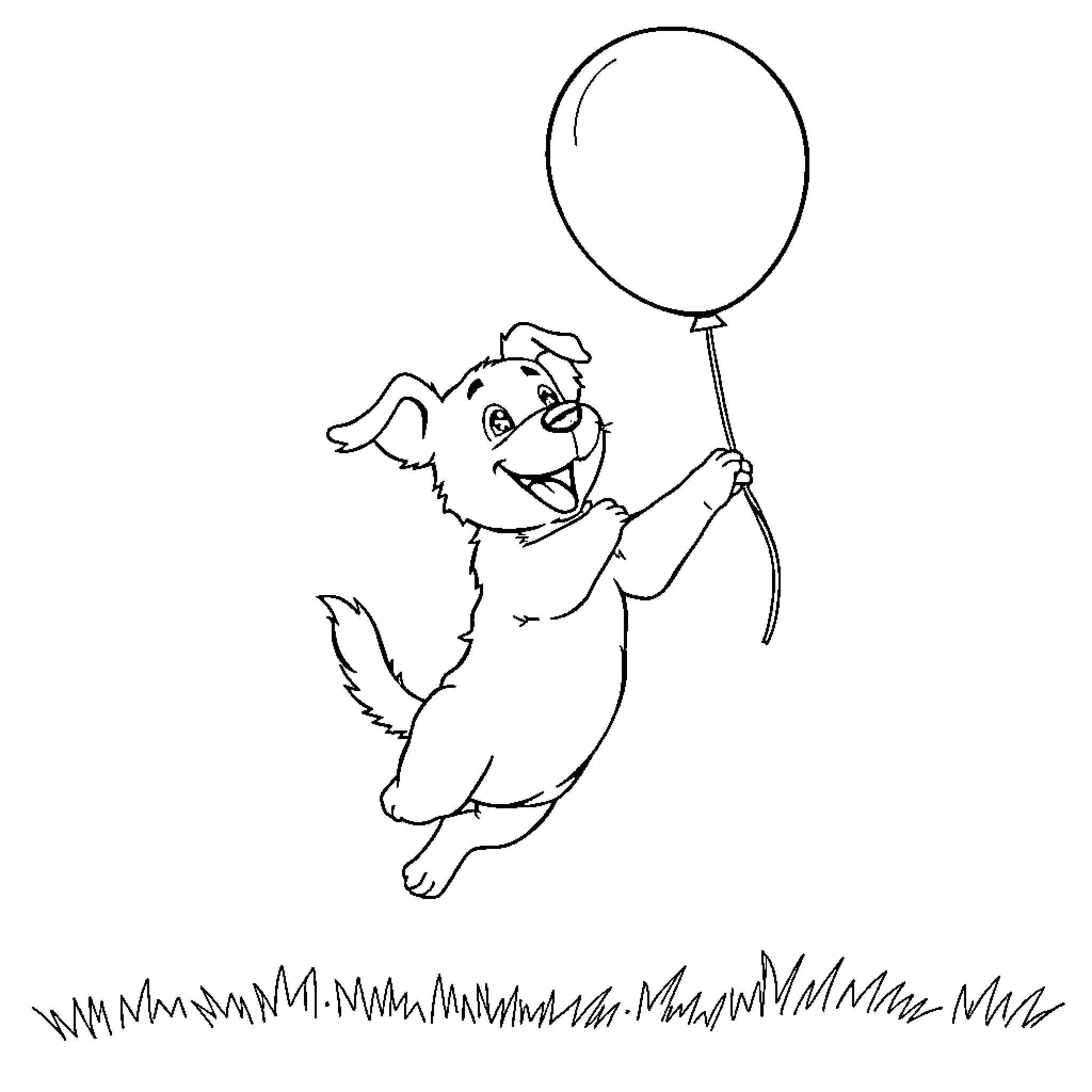 Dog playing joyfully with balloon Coloring Page (free black-and-white line drawing printable PDF for all, from beginners to advanced learners, including children, teens, adults, and seniors)