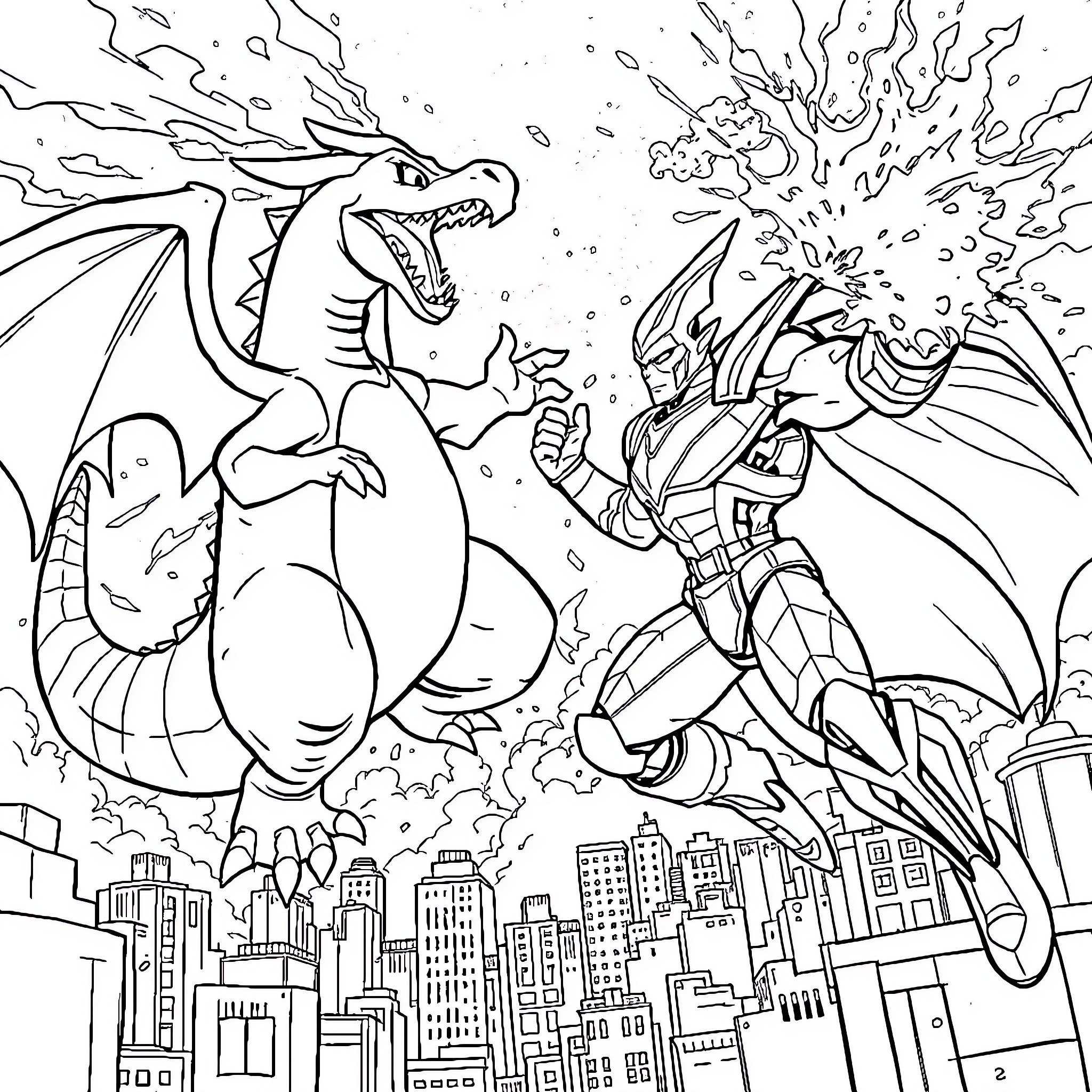 Charizard's Fiery Clash with a Heroic Warrior Coloring Page (free black-and-white line drawing printable PDF for all, from beginners to advanced learners, including children, teens, adults, and seniors)