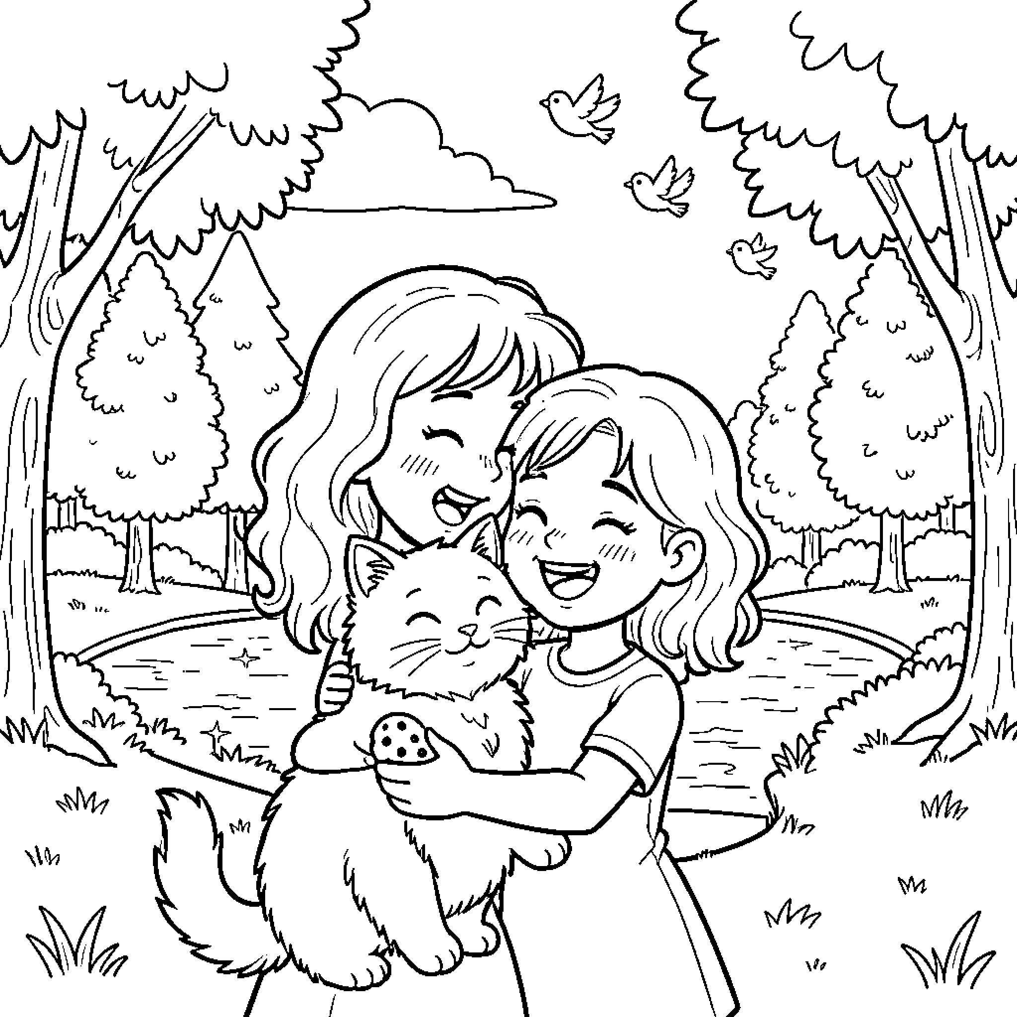 Girl playing happily with a pet in the forest Coloring Page (free black-and-white line drawing printable PDF for all, from beginners to advanced learners, including children, teens, adults, and seniors)