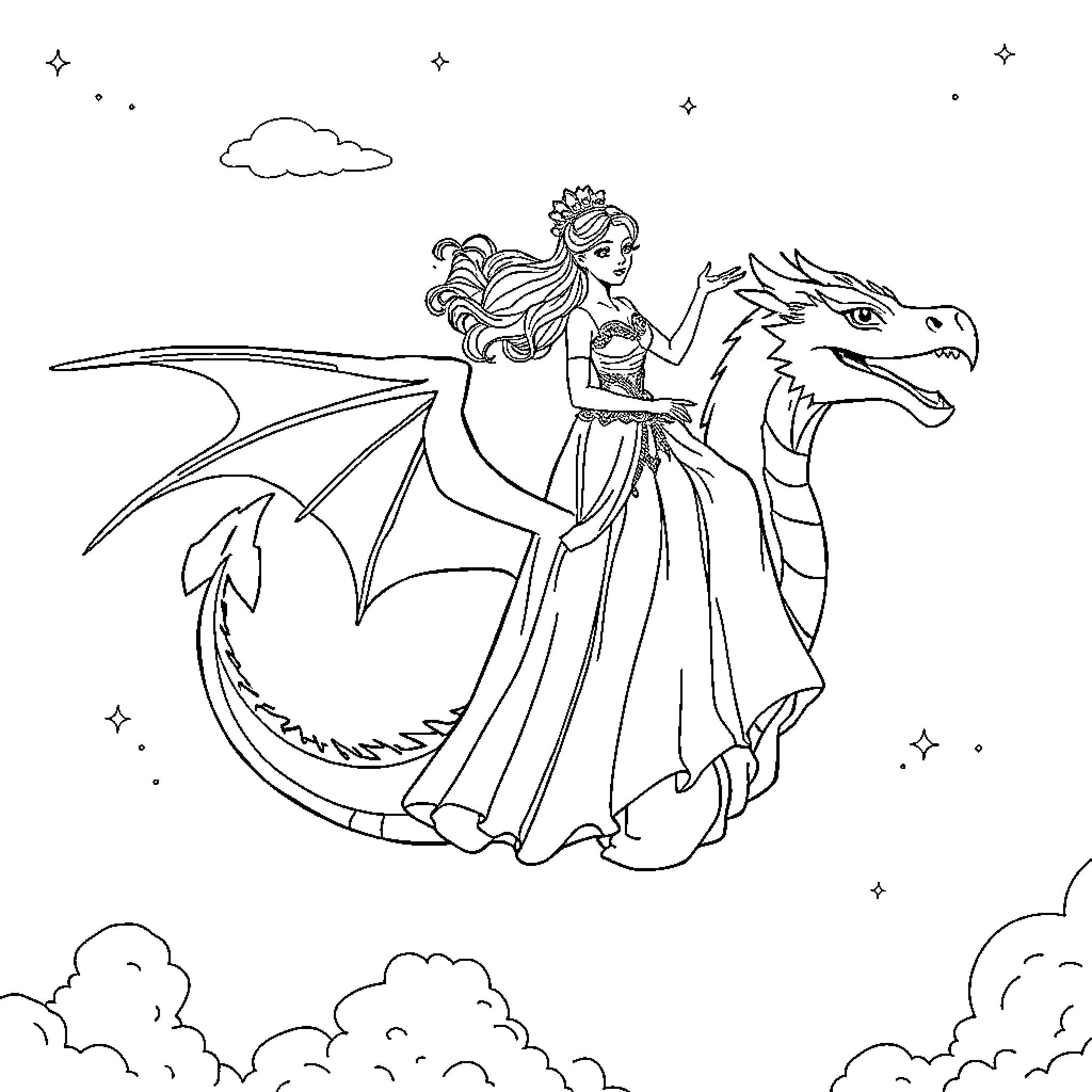 Princess riding a majestic dragon in the sky Coloring Page (free black-and-white line drawing printable PDF for all, from beginners to advanced learners, including children, teens, adults, and seniors)