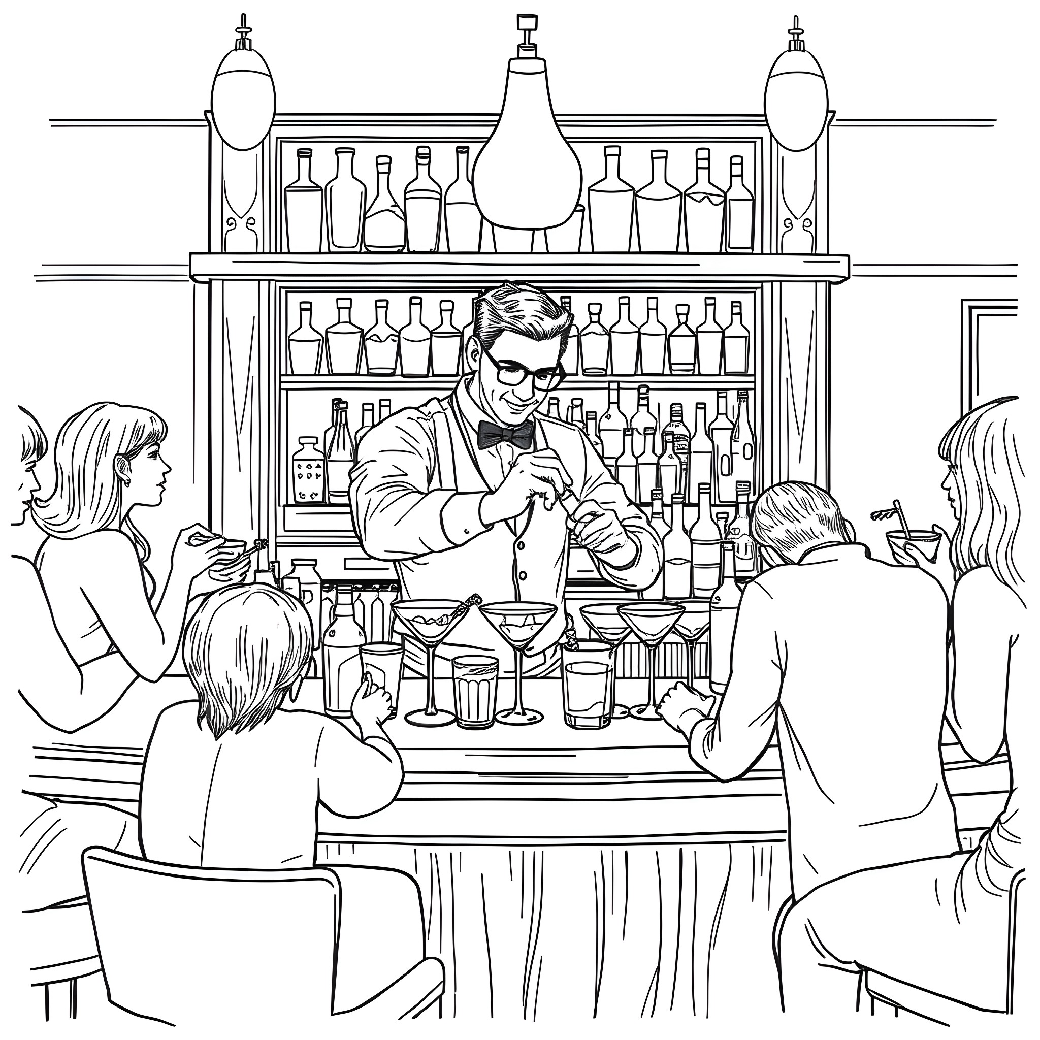 Bartender Serving Drinks to Patrons at the Bar Coloring Page (free black-and-white line drawing printable PDF for all, from beginners to advanced learners, including children, teens, adults, and seniors)