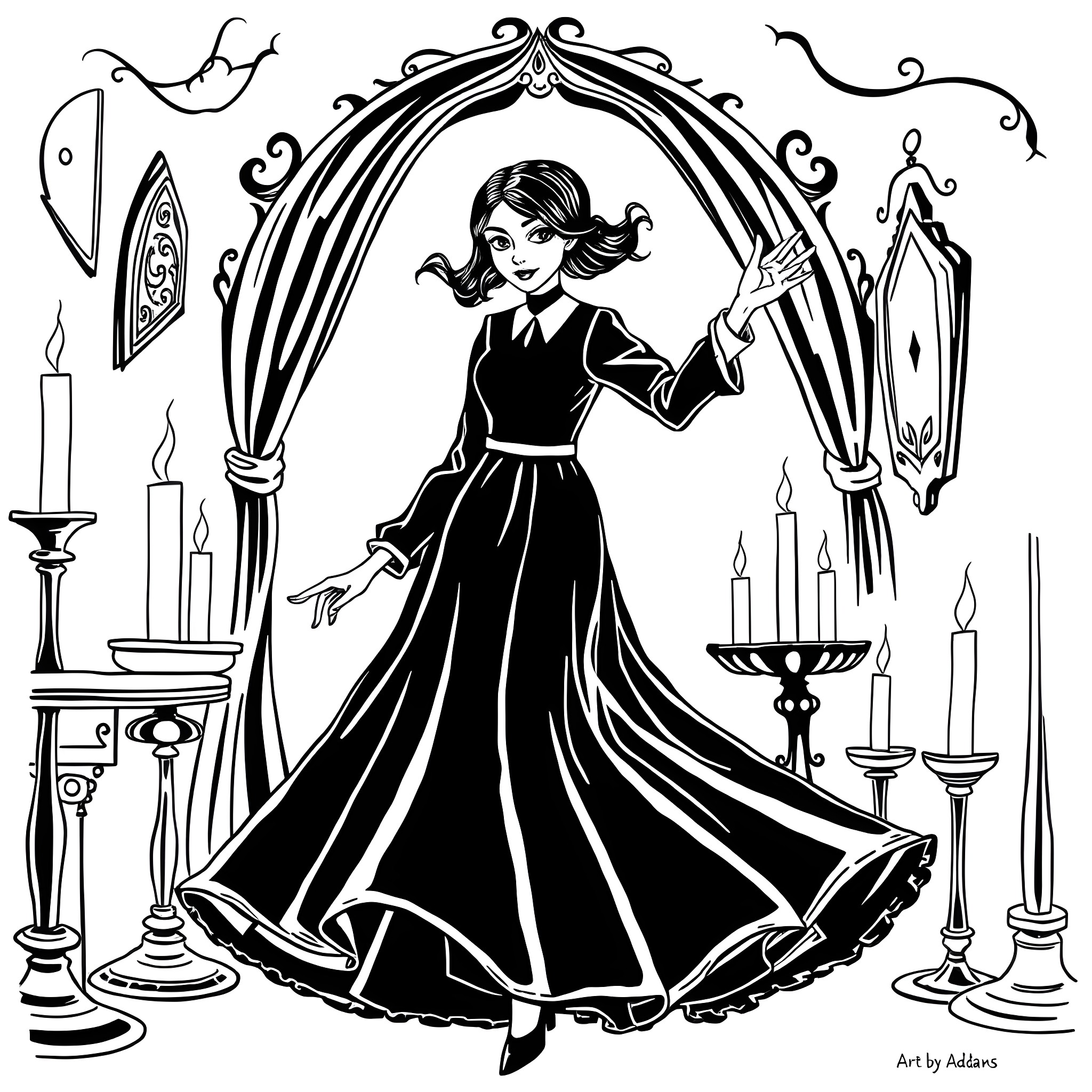 Wednesday's Gothic Fashion Flair Coloring Page (free black-and-white line drawing printable PDF for all, from beginners to advanced learners, including children, teens, adults, and seniors)