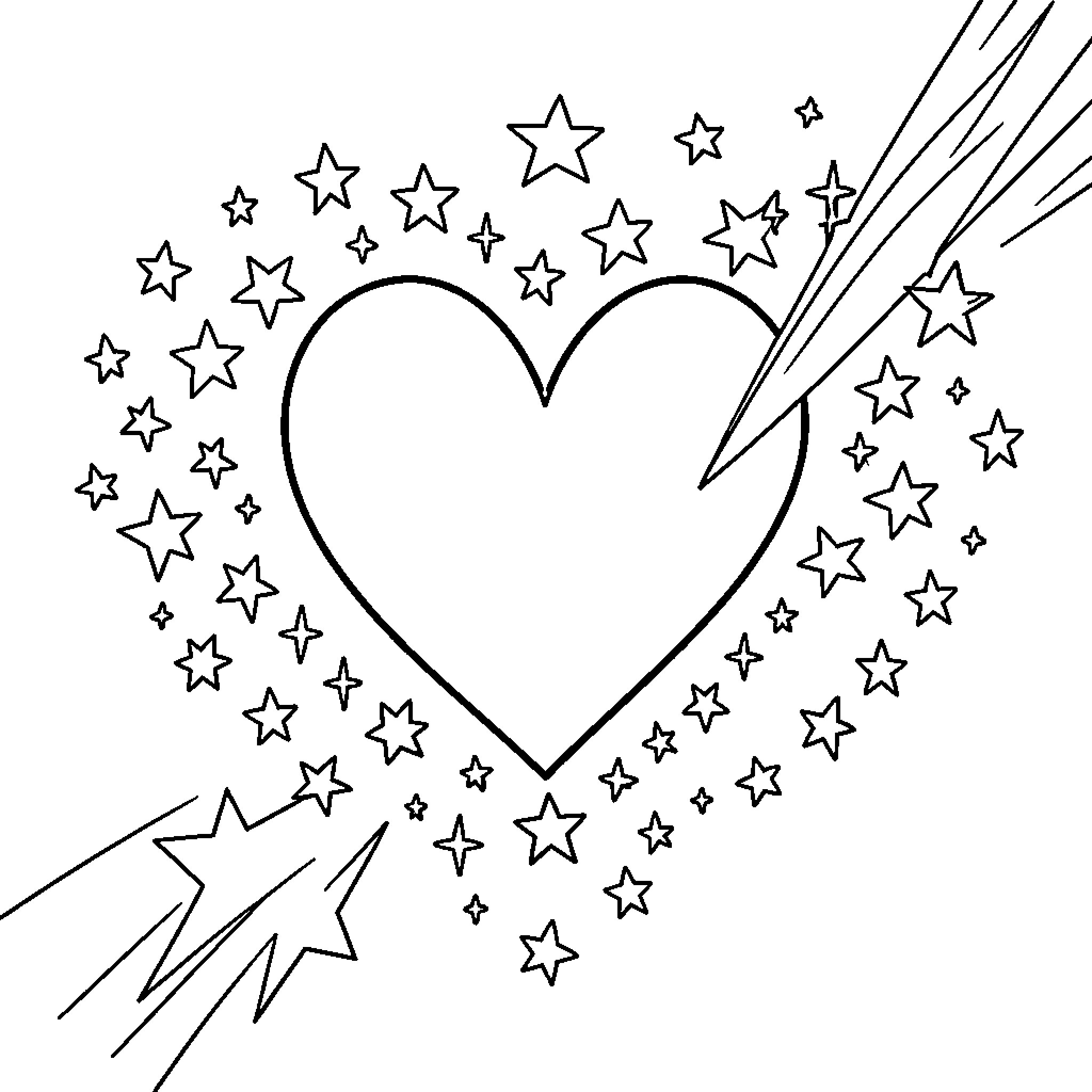Heart surrounded by dancing stars and shooting comets Coloring Page (free black-and-white line drawing printable PDF for all, from beginners to advanced learners, including children, teens, adults, and seniors)