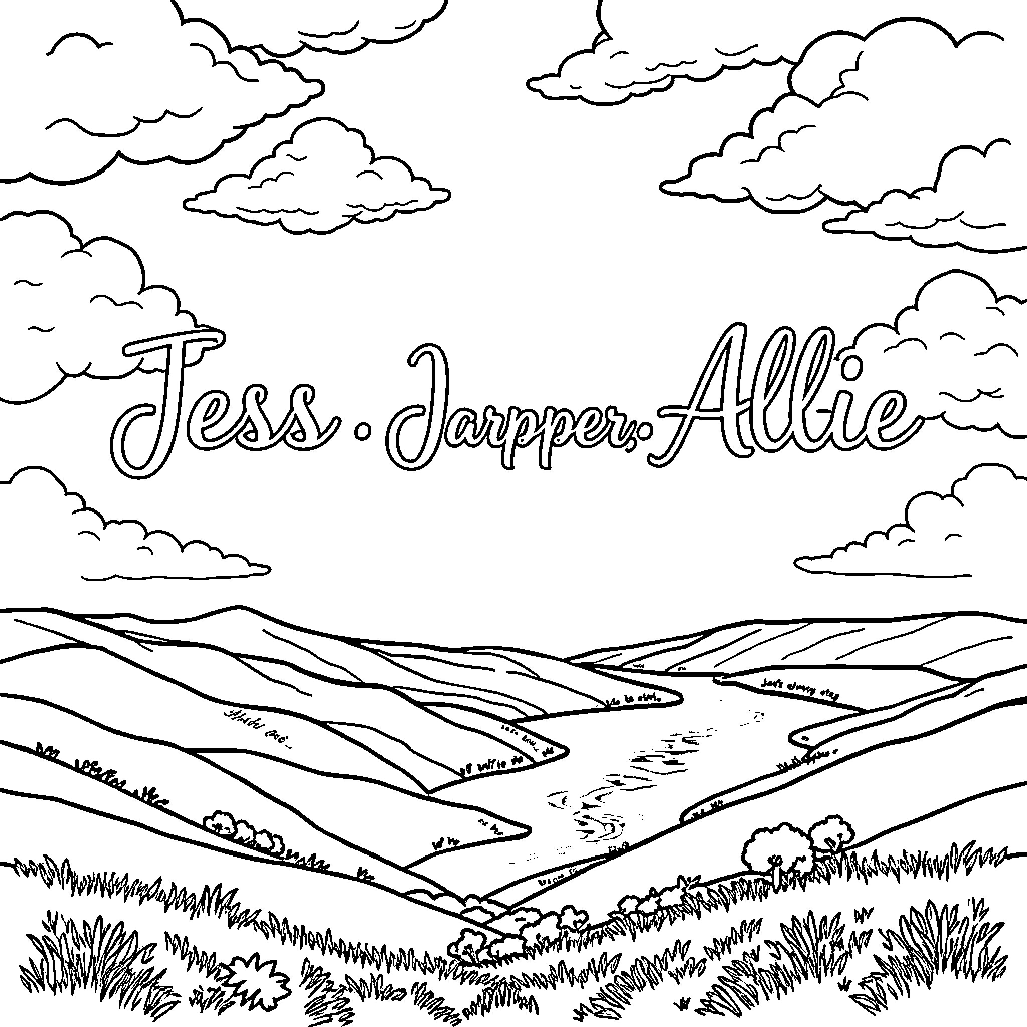 Name of three people in a scenic landscape Coloring Page (free black-and-white line drawing printable PDF for all, from beginners to advanced learners, including children, teens, adults, and seniors)