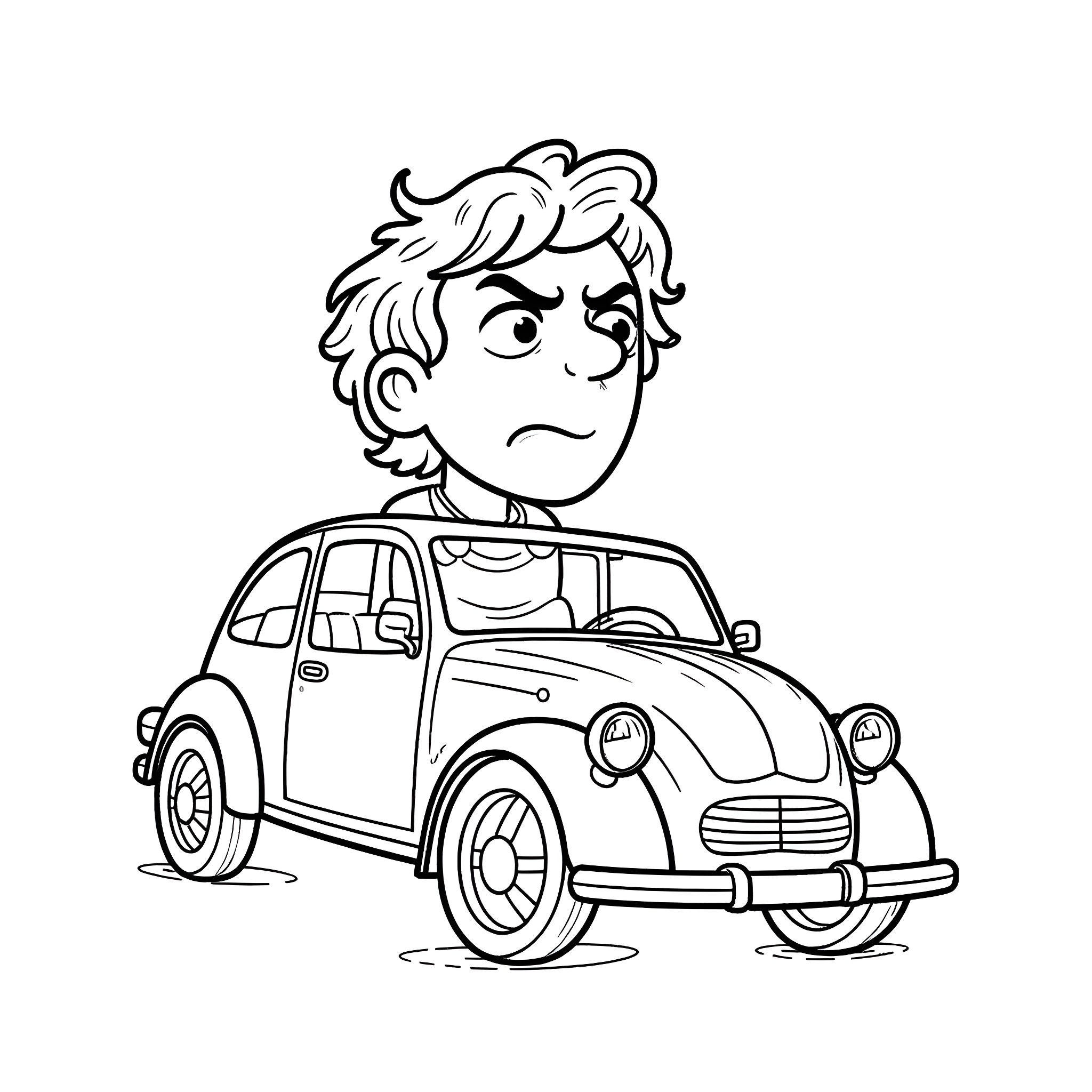 Man disappointed with his broken-down car Coloring Page (free black-and-white line drawing printable PDF for all, from beginners to advanced learners, including children, teens, adults, and seniors)