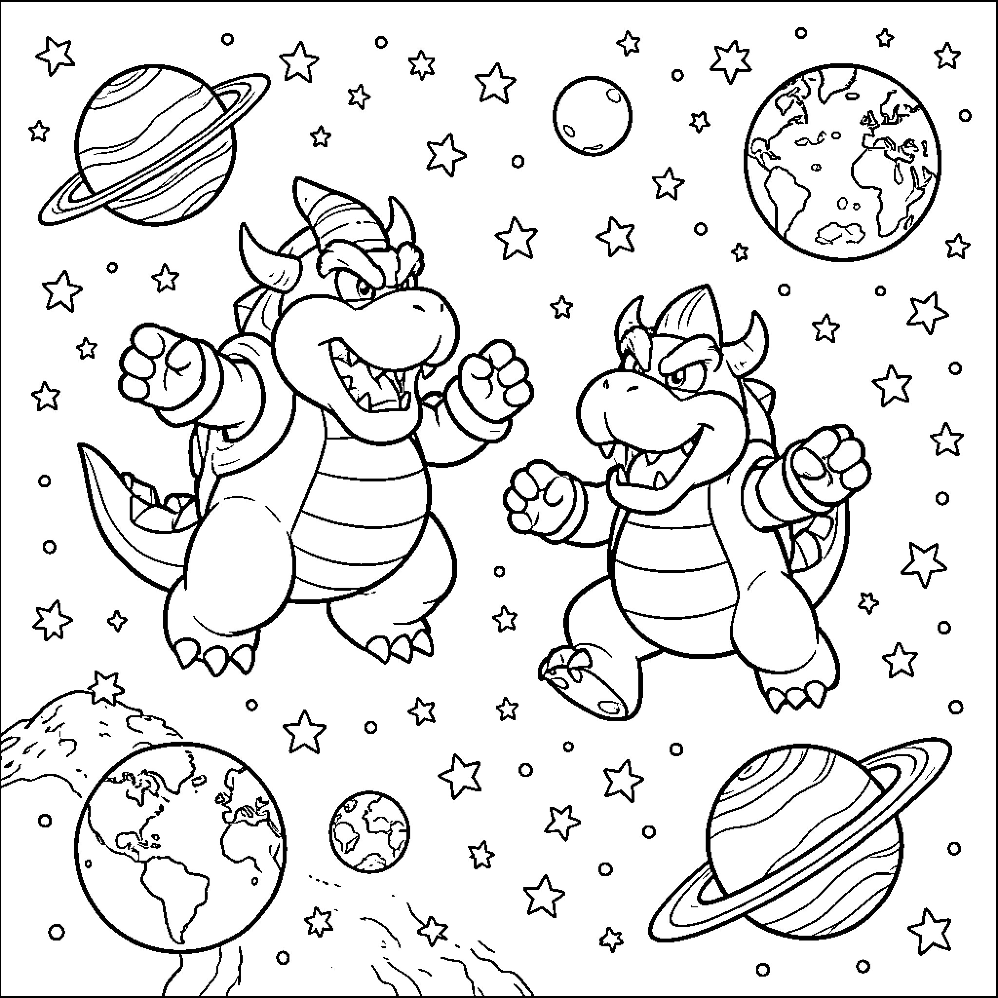 Bowser floating through space among planets and stars Coloring Page (free black-and-white line drawing printable PDF for all, from beginners to advanced learners, including children, teens, adults, and seniors)