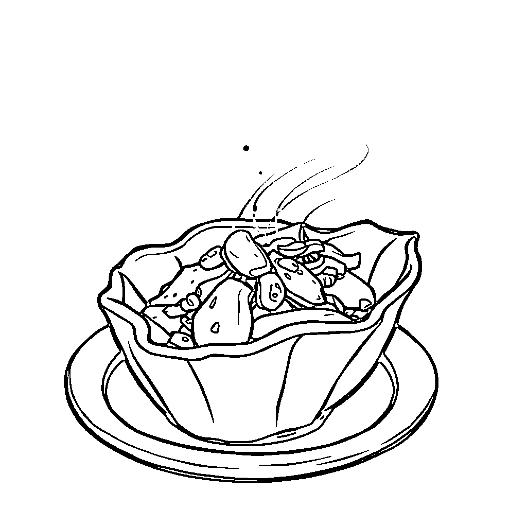 Wonton filled with savory ingredients on a plate Coloring Page (free black-and-white line drawing printable PDF for all, from beginners to advanced learners, including children, teens, adults, and seniors)