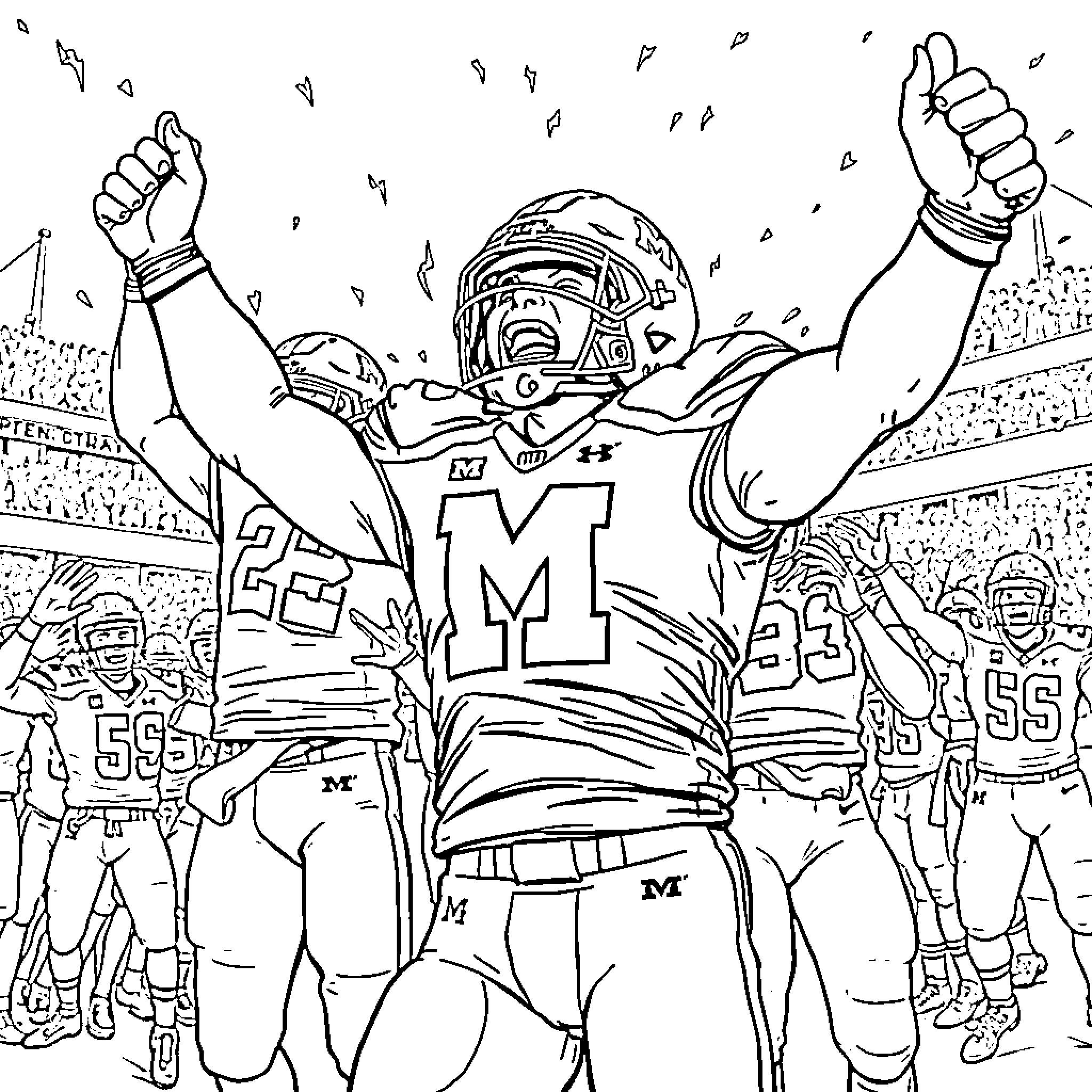 Michigan Football Players Celebrating Victory on the Field Coloring Page (free black-and-white line drawing printable PDF for all, from beginners to advanced learners, including children, teens, adults, and seniors)