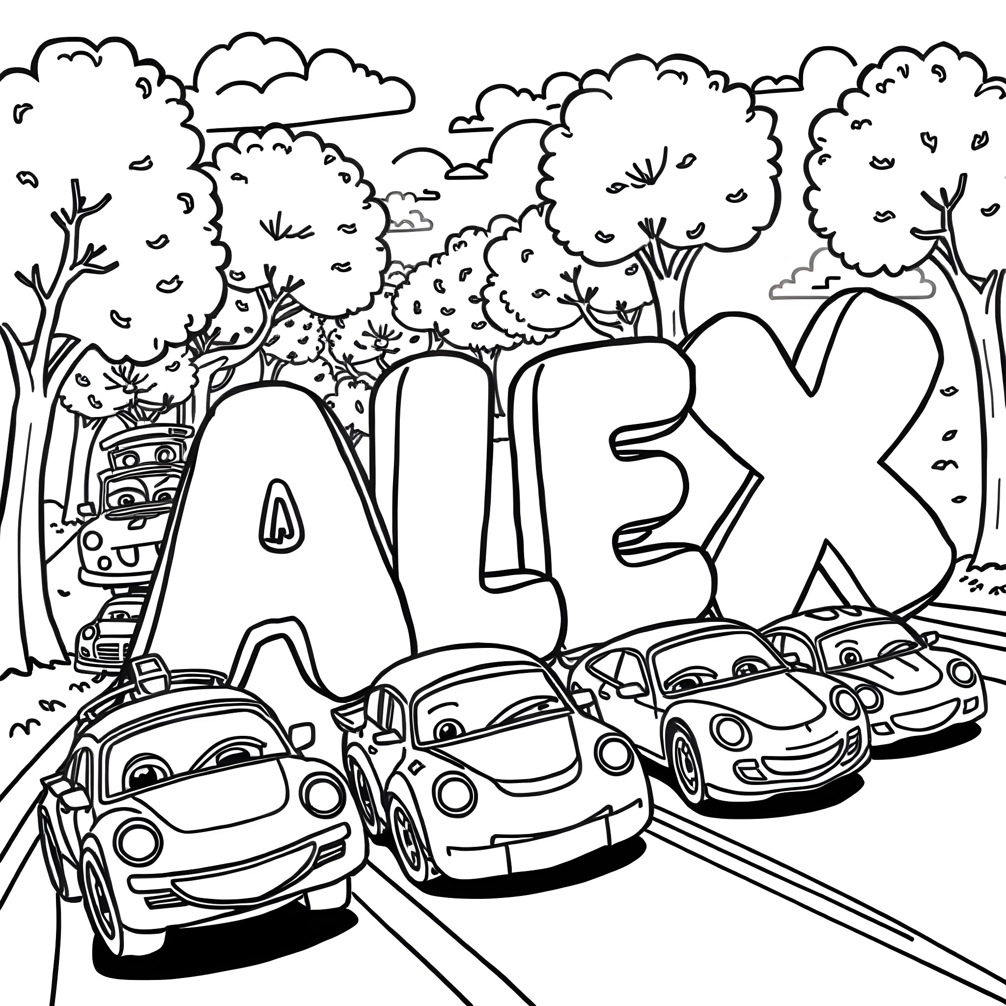 Alex's Cartoon Cars in the Forest Coloring Page (free black-and-white line drawing printable PDF for all, from beginners to advanced learners, including children, teens, adults, and seniors)