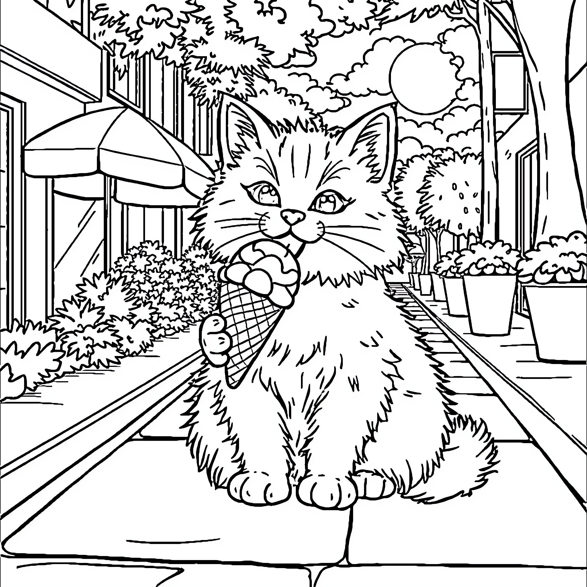 Cat enjoying a leisurely stroll Coloring Page (free black-and-white line drawing printable PDF for all, from beginners to advanced learners, including children, teens, adults, and seniors)
