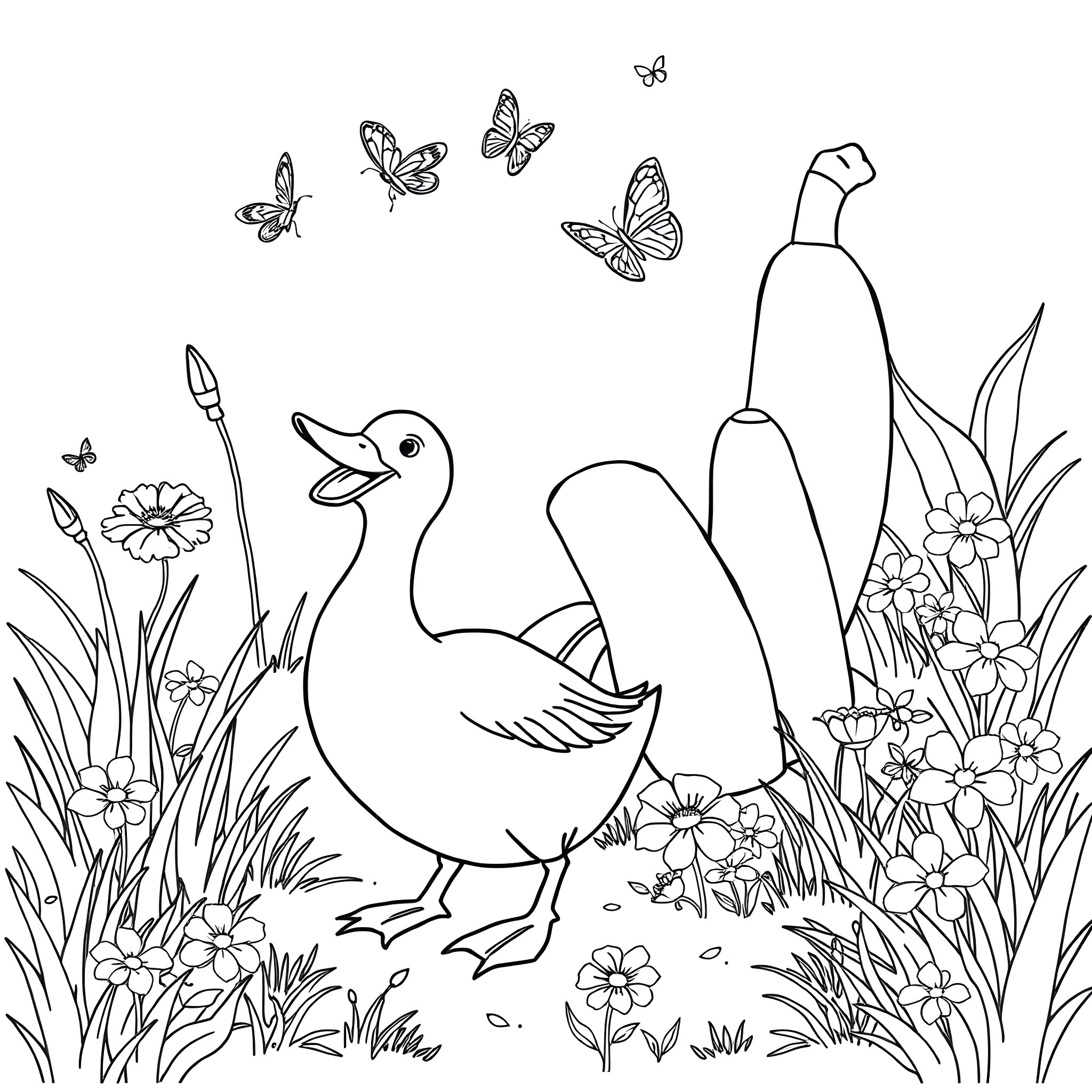 Duck Surrounded by Butterflies in Flowery Garden Coloring Page (free black-and-white line drawing printable PDF for all, from beginners to advanced learners, including children, teens, adults, and seniors)