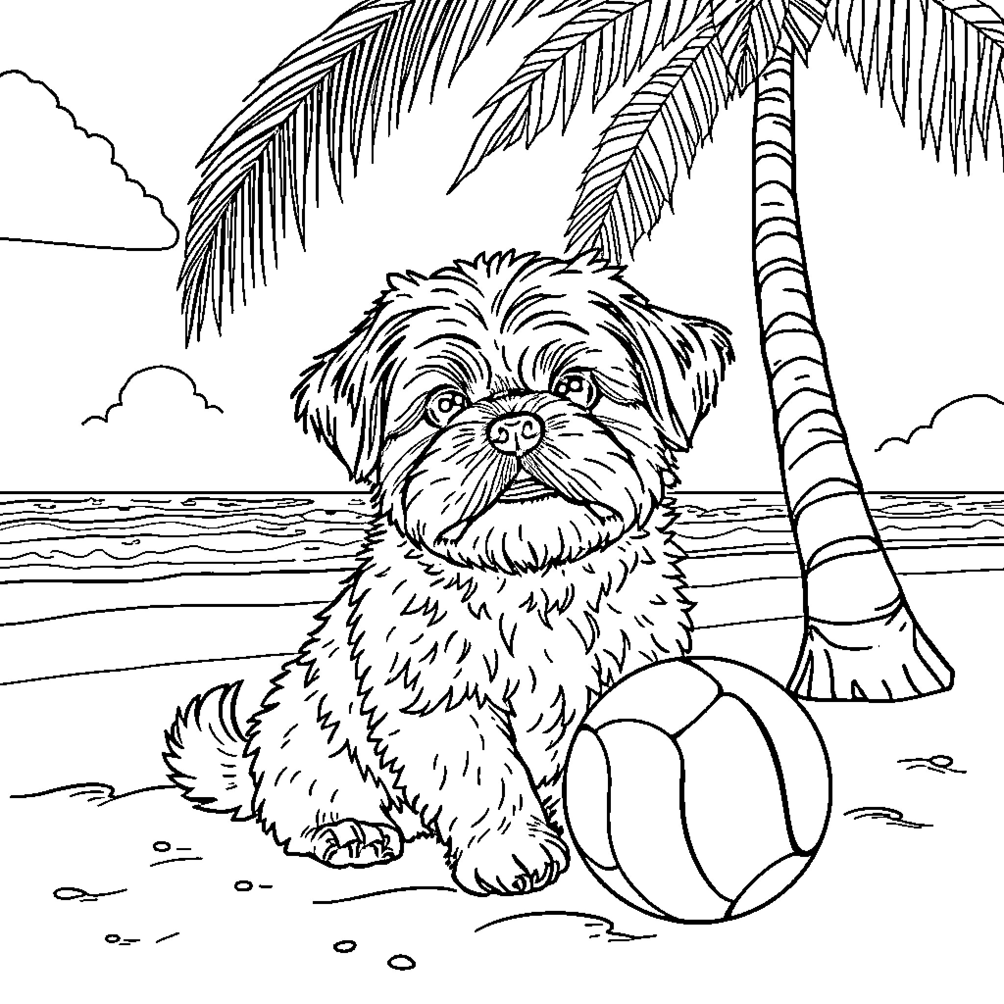 Shih Tzu playing on the beach with a ball Coloring Page (free black-and-white line drawing printable PDF for all, from beginners to advanced learners, including children, teens, adults, and seniors)