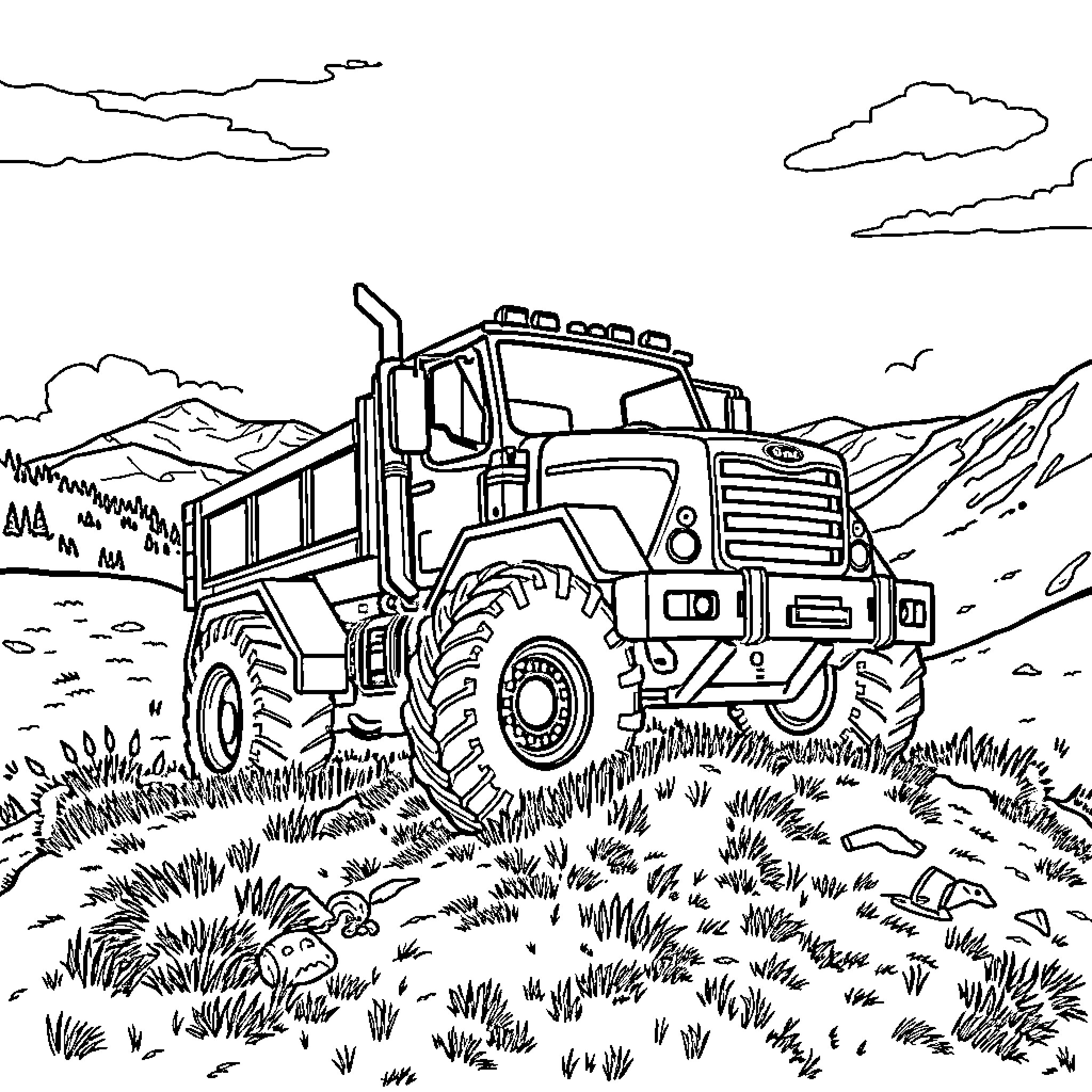 Camioneta carrying cargo through rugged terrain Coloring Page (free black-and-white line drawing printable PDF for all, from beginners to advanced learners, including children, teens, adults, and seniors)