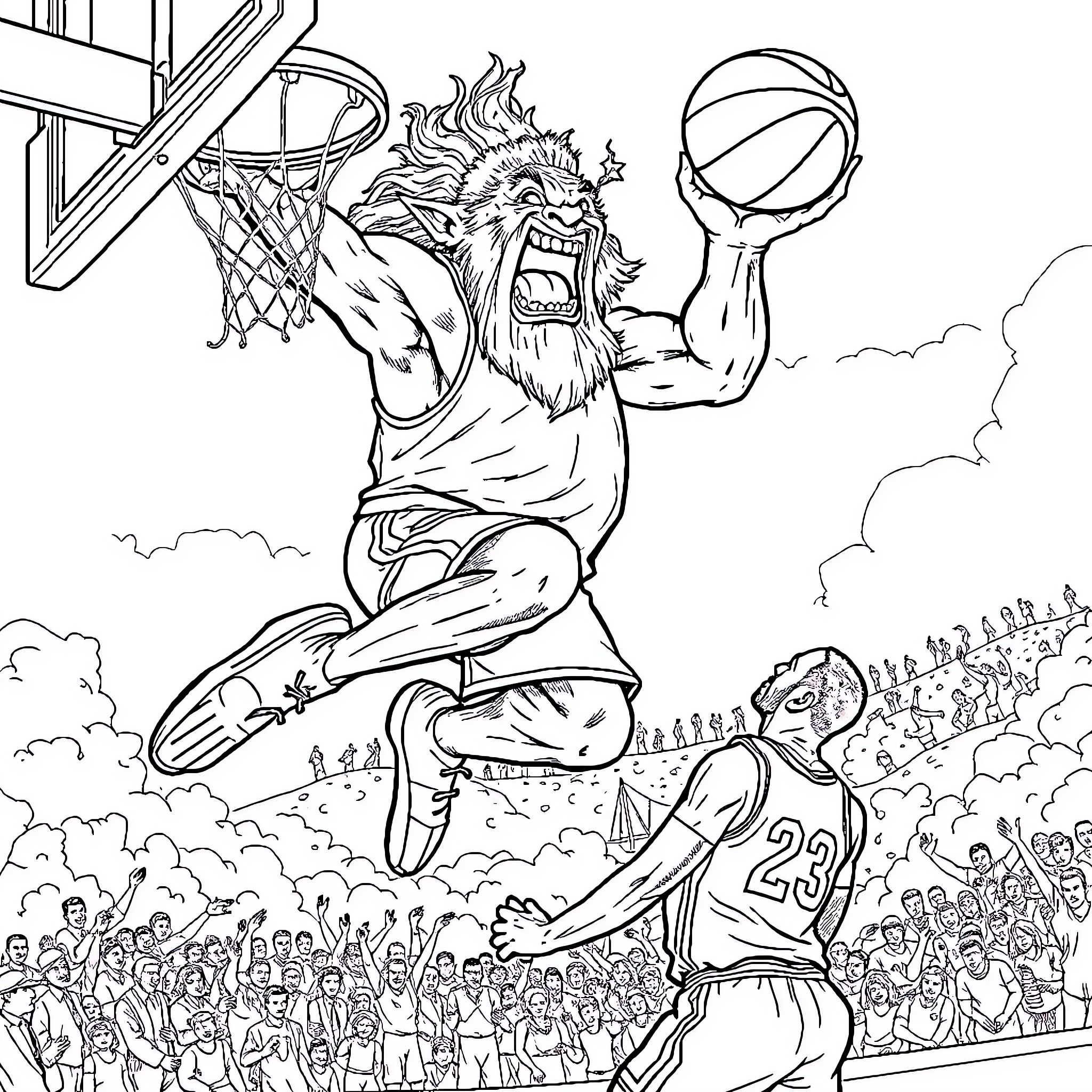Troll Athlete Dominates Basketball Game Coloring Page (free black-and-white line drawing printable PDF for all, from beginners to advanced learners, including children, teens, adults, and seniors)