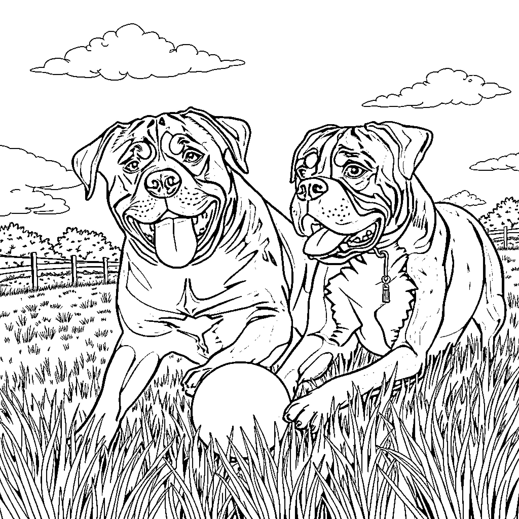 Dogs playing together in a grassy field Coloring Page (free black-and-white line drawing printable PDF for all, from beginners to advanced learners, including children, teens, adults, and seniors)
