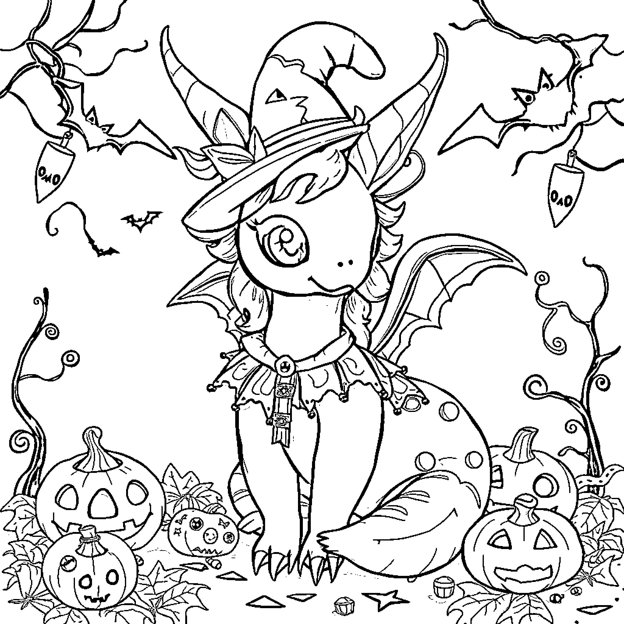 Vaporeon in a Halloween-themed scene Coloring Page (free black-and-white line drawing printable PDF for all, from beginners to advanced learners, including children, teens, adults, and seniors)