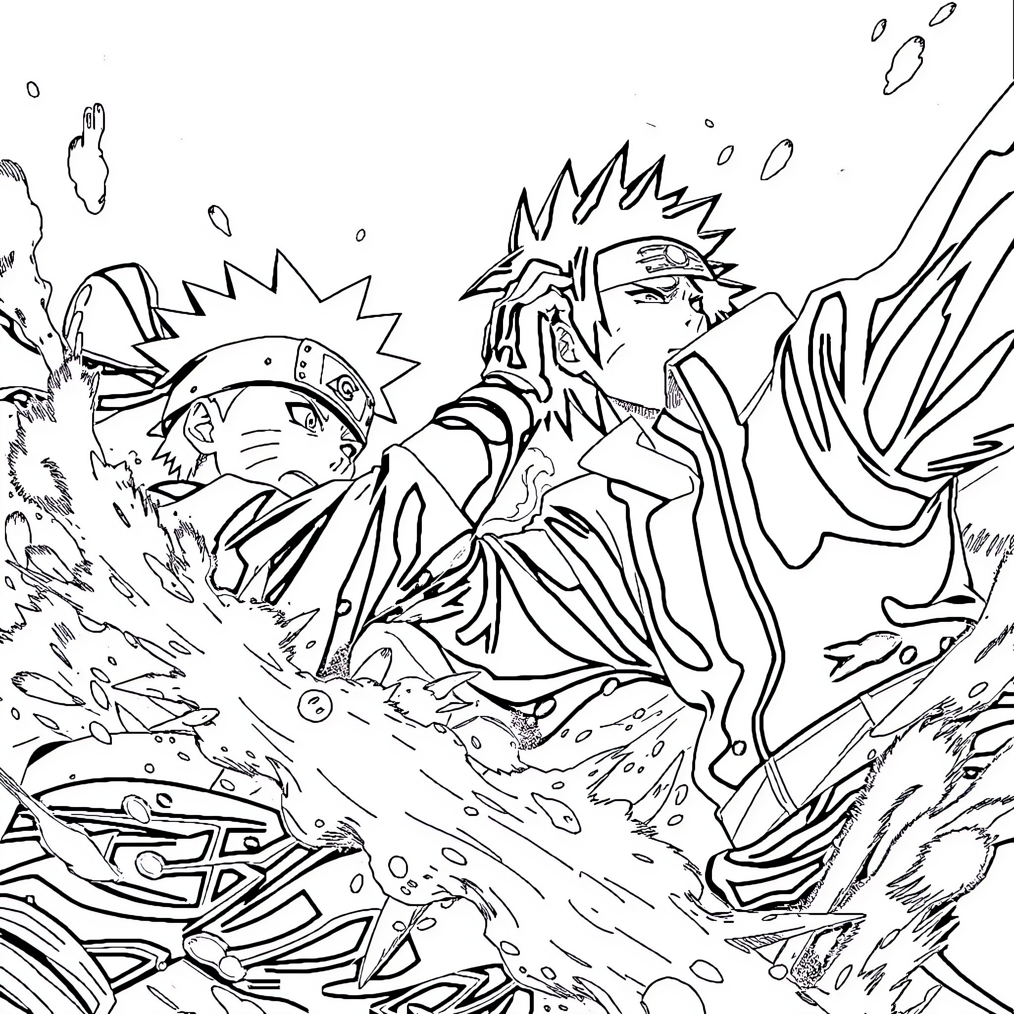 Naruto Unleashing Powerful Ninja Technique Coloring Page (free black-and-white line drawing printable PDF for all, from beginners to advanced learners, including children, teens, adults, and seniors)