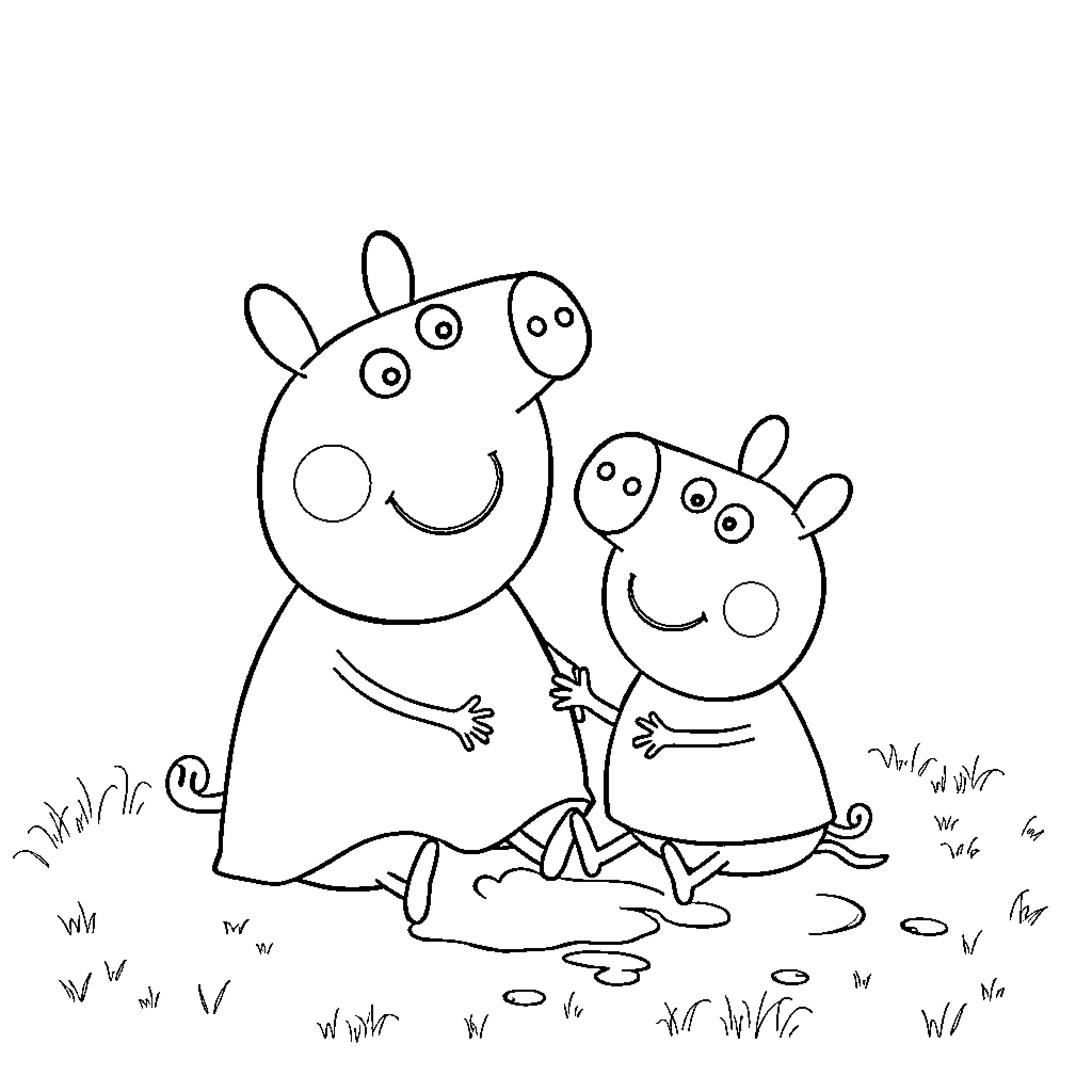 Peppa Pig and George playing together in the mud Coloring Page (free black-and-white line drawing printable PDF for all, from beginners to advanced learners, including children, teens, adults, and seniors)