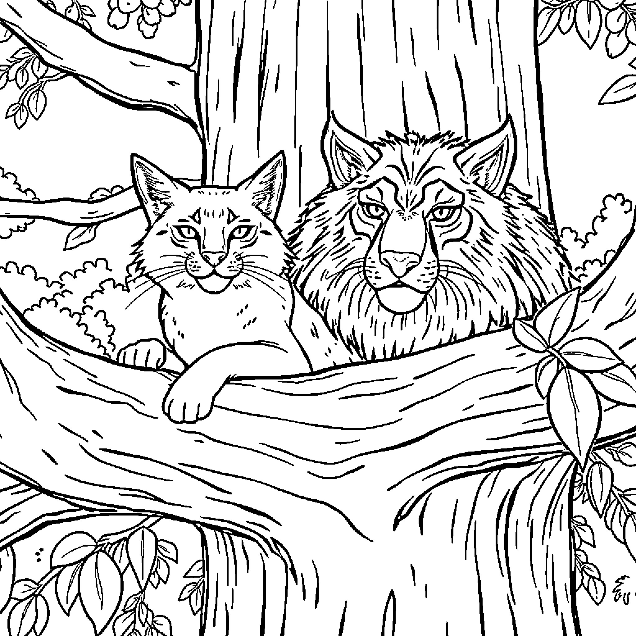 Zorro and the Wild Cats in the Enchanted Forest Coloring Page (free black-and-white line drawing printable PDF for all, from beginners to advanced learners, including children, teens, adults, and seniors)