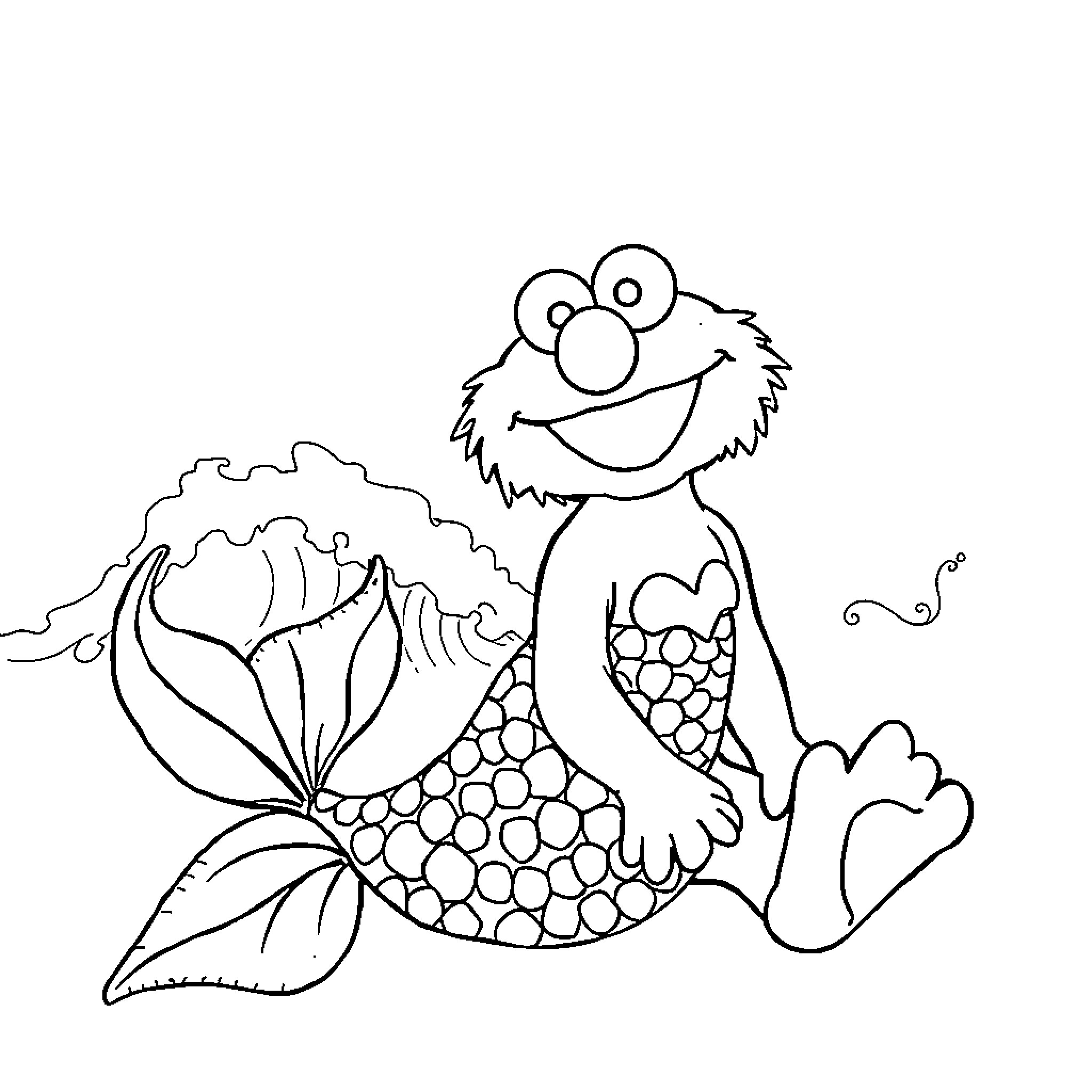Elmo as a Mermaid in Underwater Scene Coloring Page (free black-and-white line drawing printable PDF for all, from beginners to advanced learners, including children, teens, adults, and seniors)