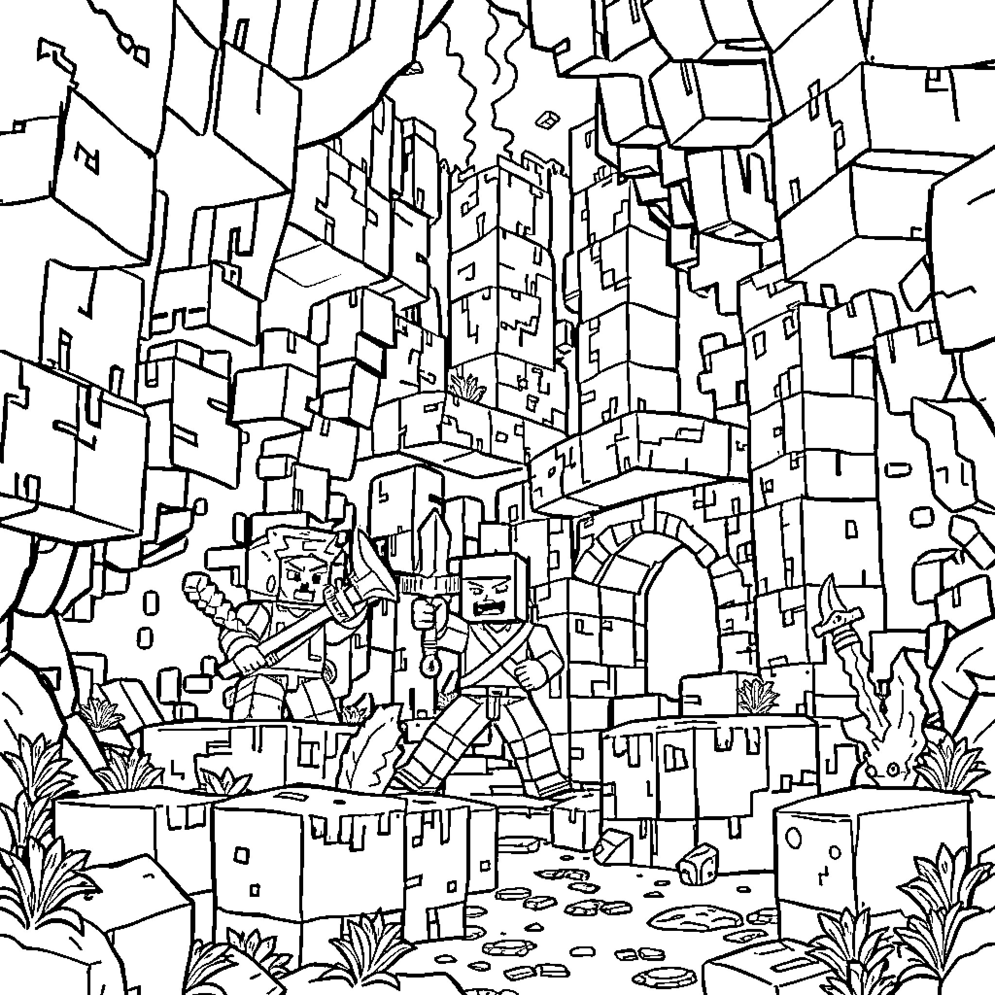 Demon Hunter Battles Through Fantastical City Landscape Coloring Page (free black-and-white line drawing printable PDF for all, from beginners to advanced learners, including children, teens, adults, and seniors)