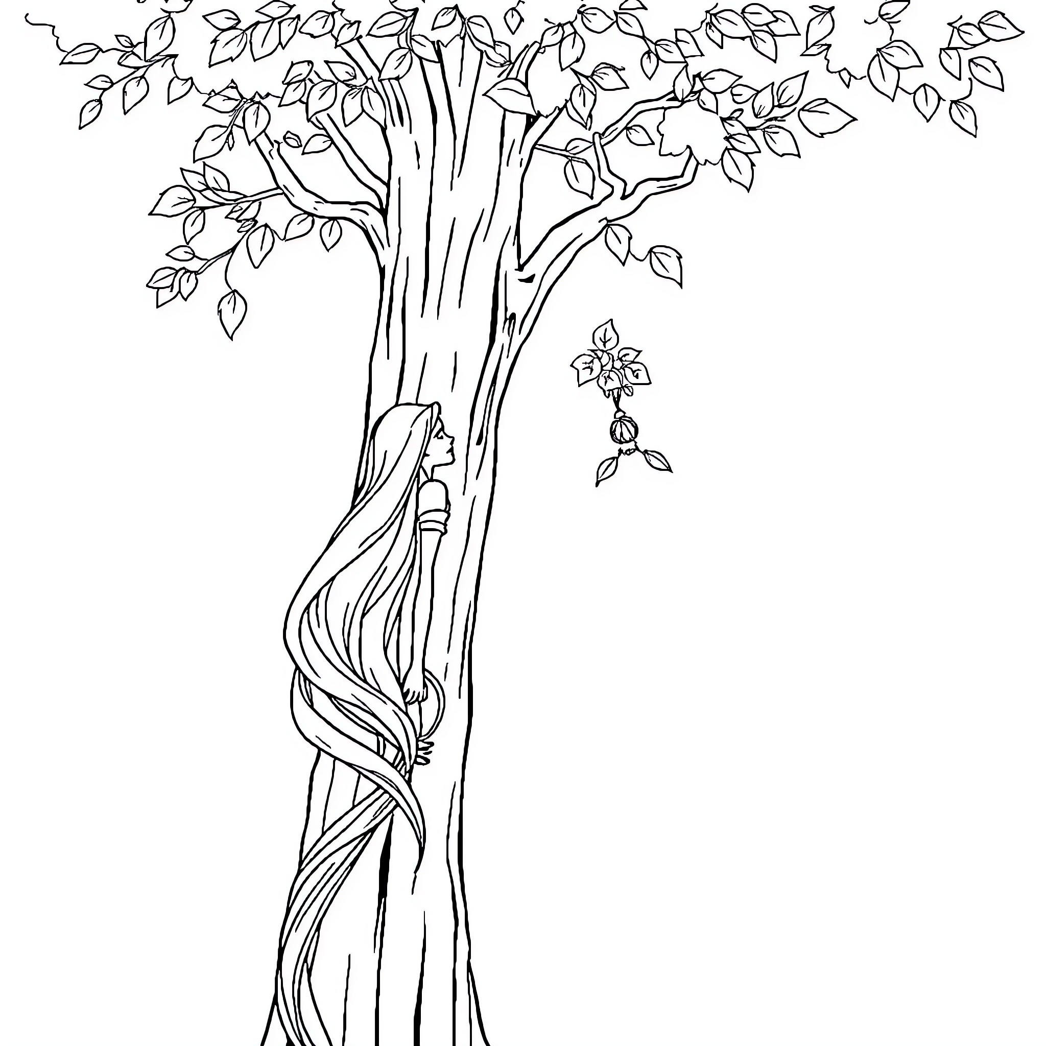 Rapunzel's Enchanting Tree Dwelling Coloring Page (free black-and-white line drawing printable PDF for all, from beginners to advanced learners, including children, teens, adults, and seniors)