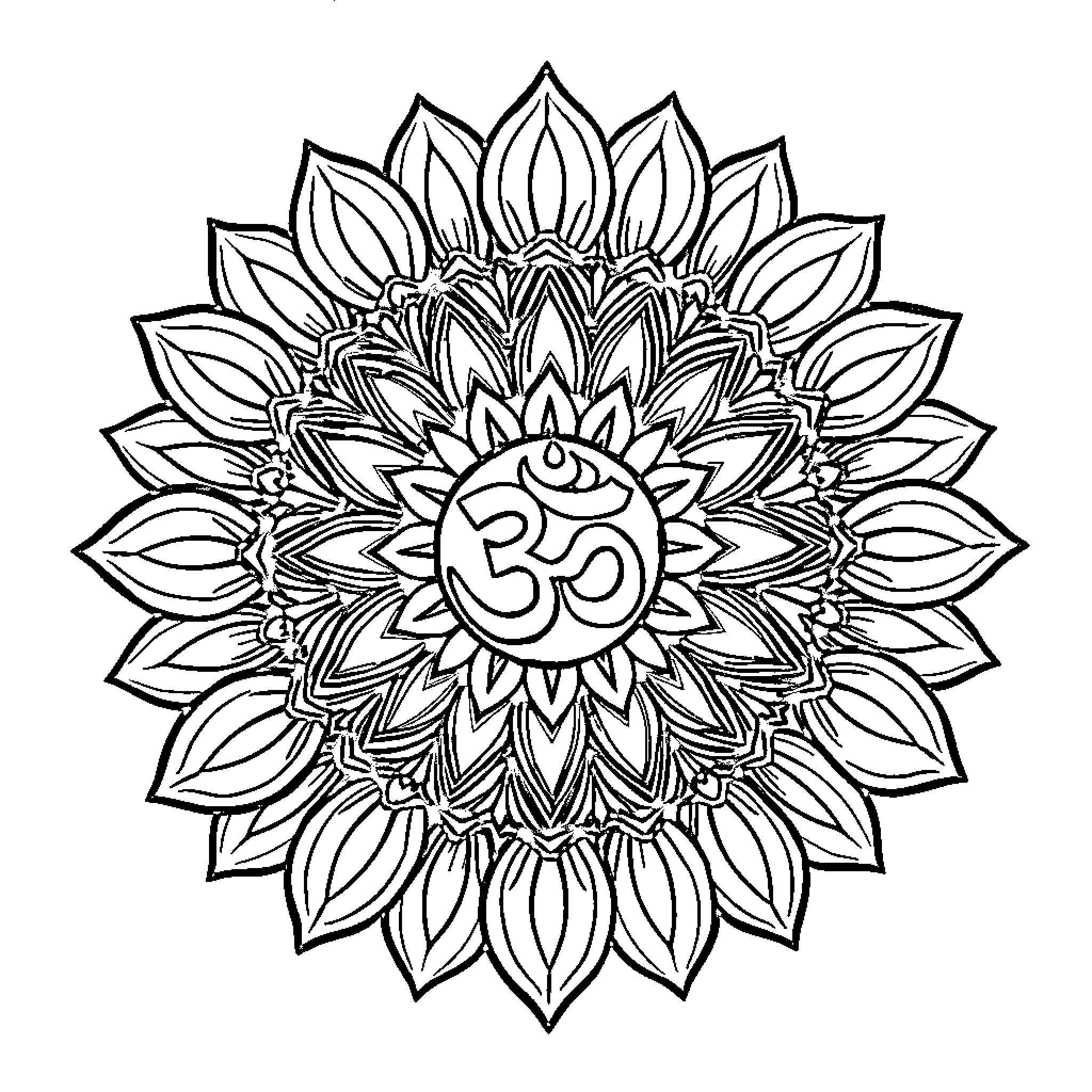 Aum Floral Mandala Design Coloring Page (free black-and-white line drawing printable PDF for all, from beginners to advanced learners, including children, teens, adults, and seniors)