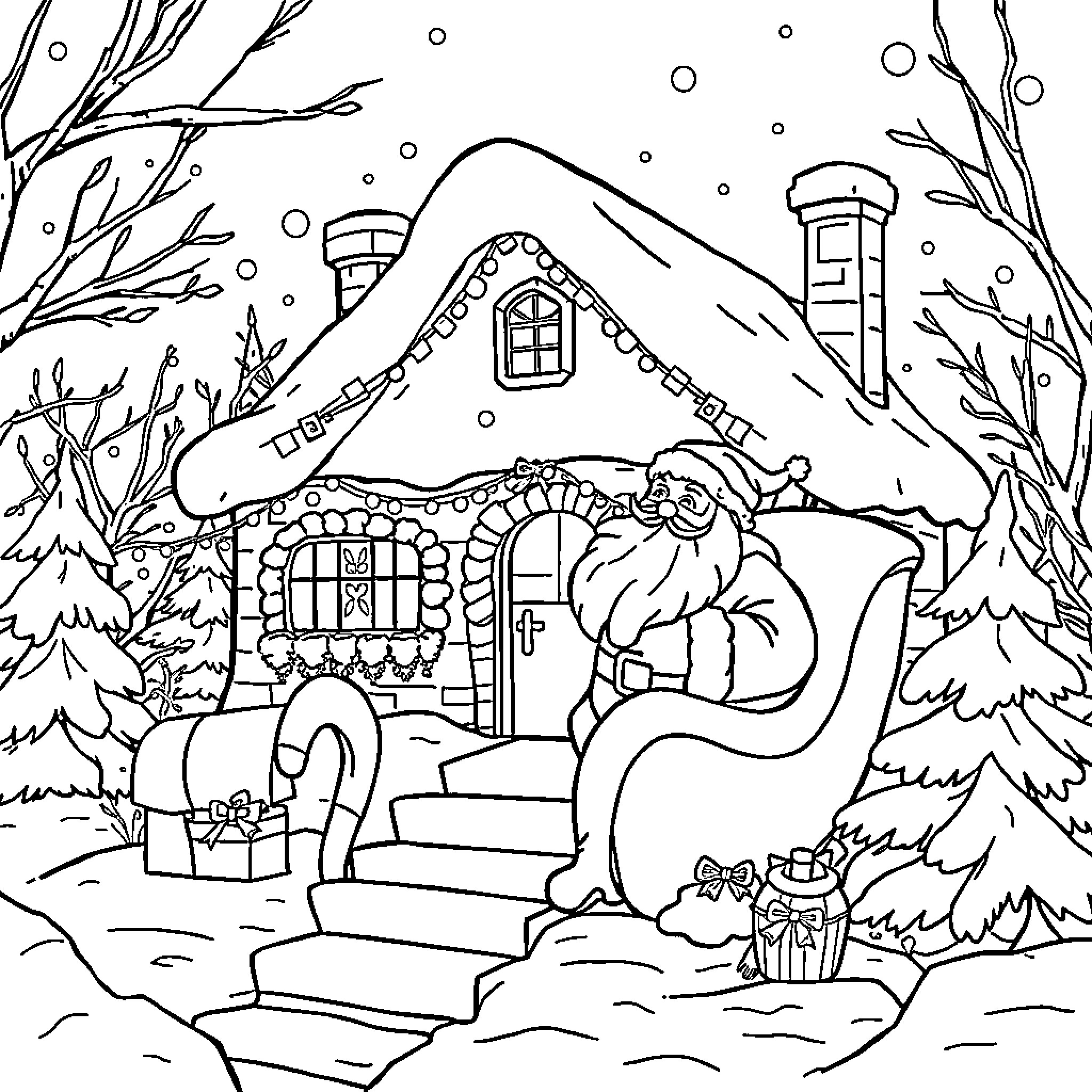 Santa Claus delivering gifts at a snowy cottage Coloring Page (free black-and-white line drawing printable PDF for all, from beginners to advanced learners, including children, teens, adults, and seniors)