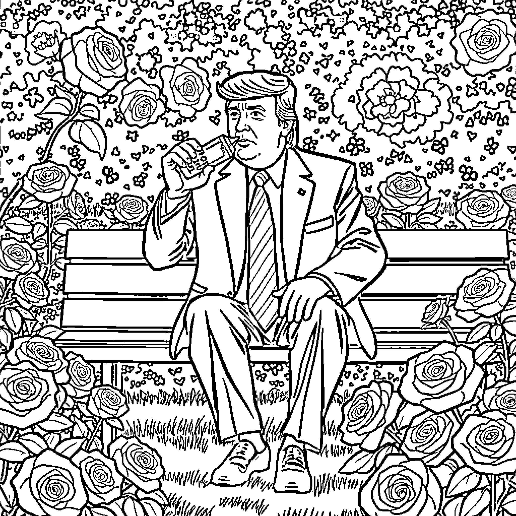 Trump sitting on a bench surrounded by roses Coloring Page (free black-and-white line drawing printable PDF for all, from beginners to advanced learners, including children, teens, adults, and seniors)