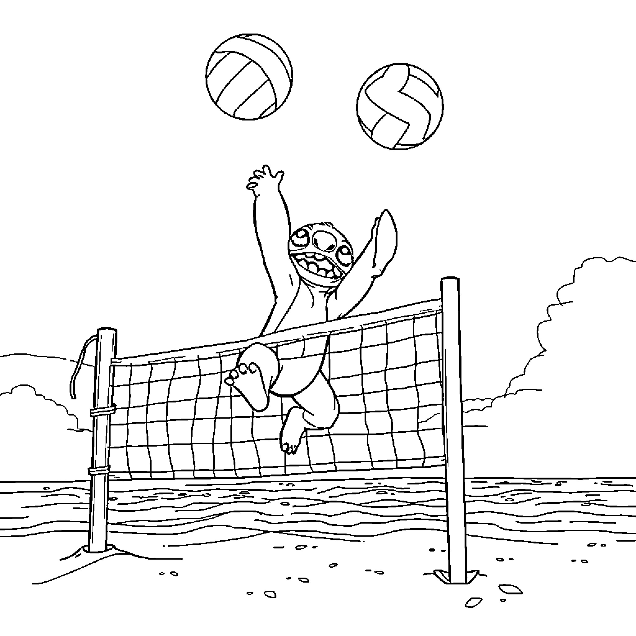 Stitch enjoying a game of beach volleyball Coloring Page (free black-and-white line drawing printable PDF for all, from beginners to advanced learners, including children, teens, adults, and seniors)