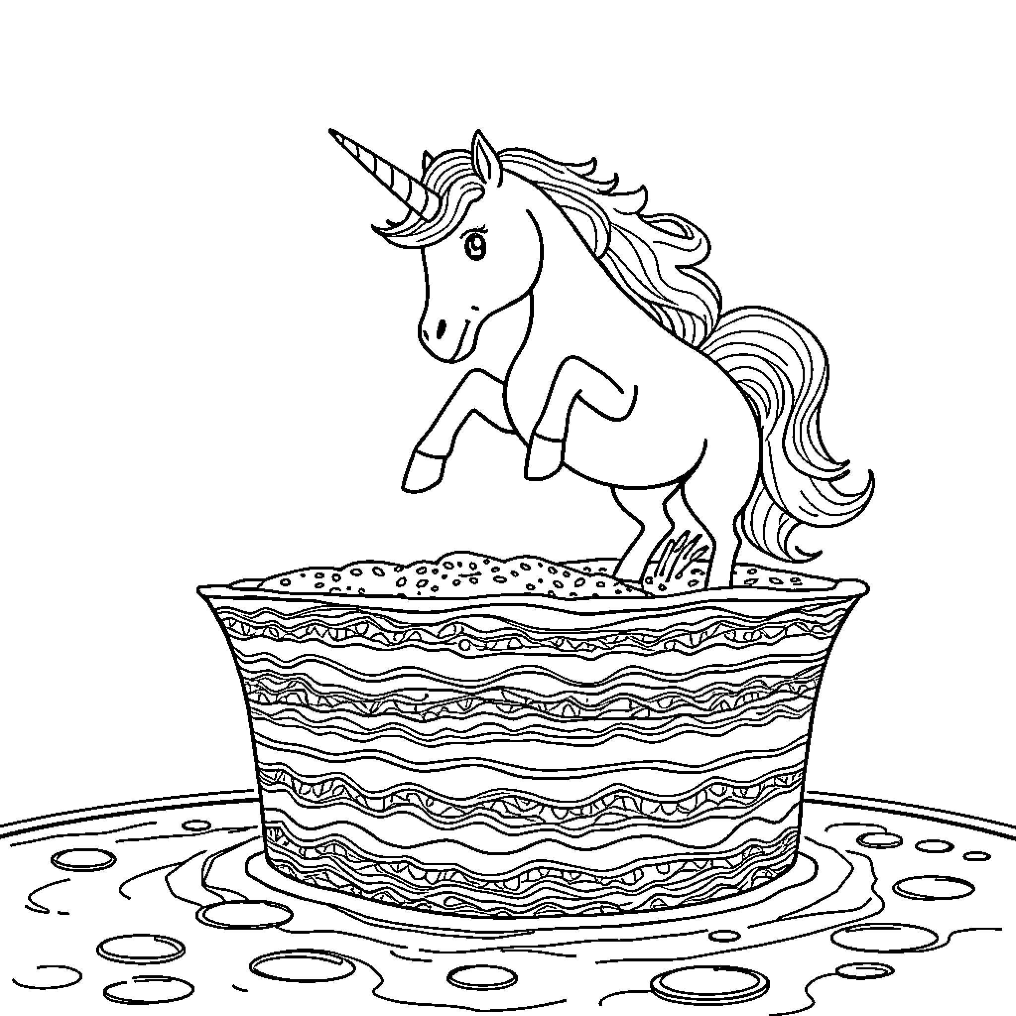 Unicorn standing atop a decorative pedestal Coloring Page (free black-and-white line drawing printable PDF for all, from beginners to advanced learners, including children, teens, adults, and seniors)