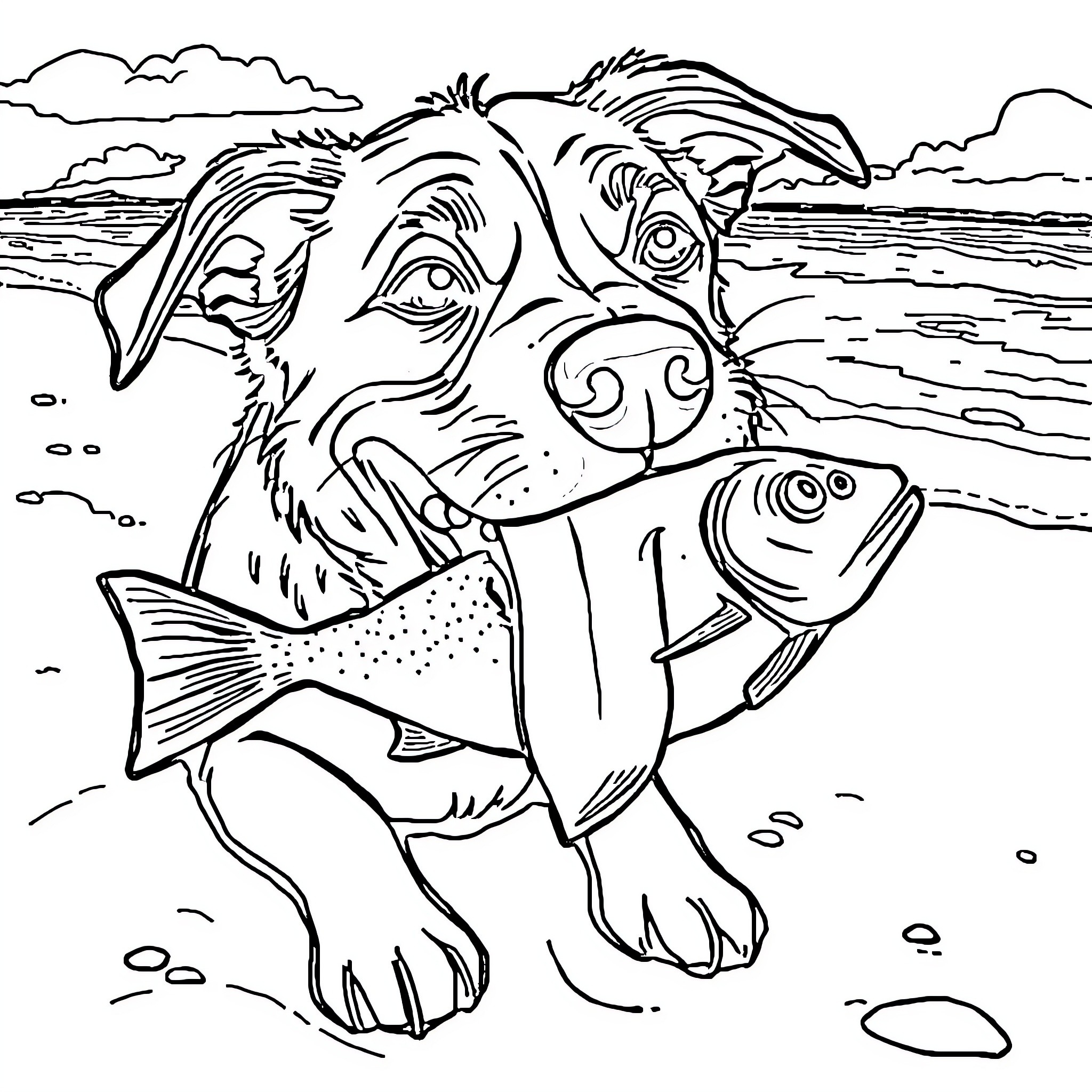 Dog catching fish on the beach Coloring Page (free black-and-white line drawing printable PDF for all, from beginners to advanced learners, including children, teens, adults, and seniors)