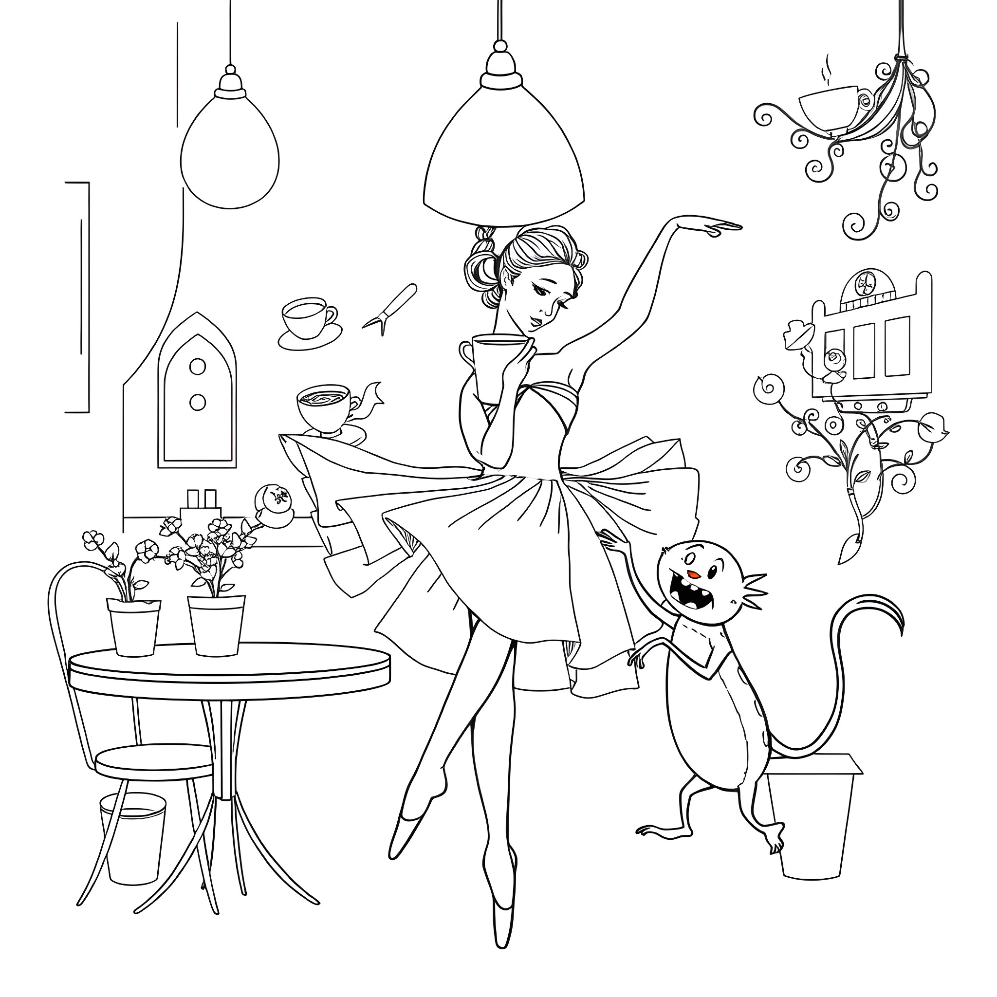 Ballerina Dancing Gracefully in Elegant Setting Coloring Page (free black-and-white line drawing printable PDF for all, from beginners to advanced learners, including children, teens, adults, and seniors)