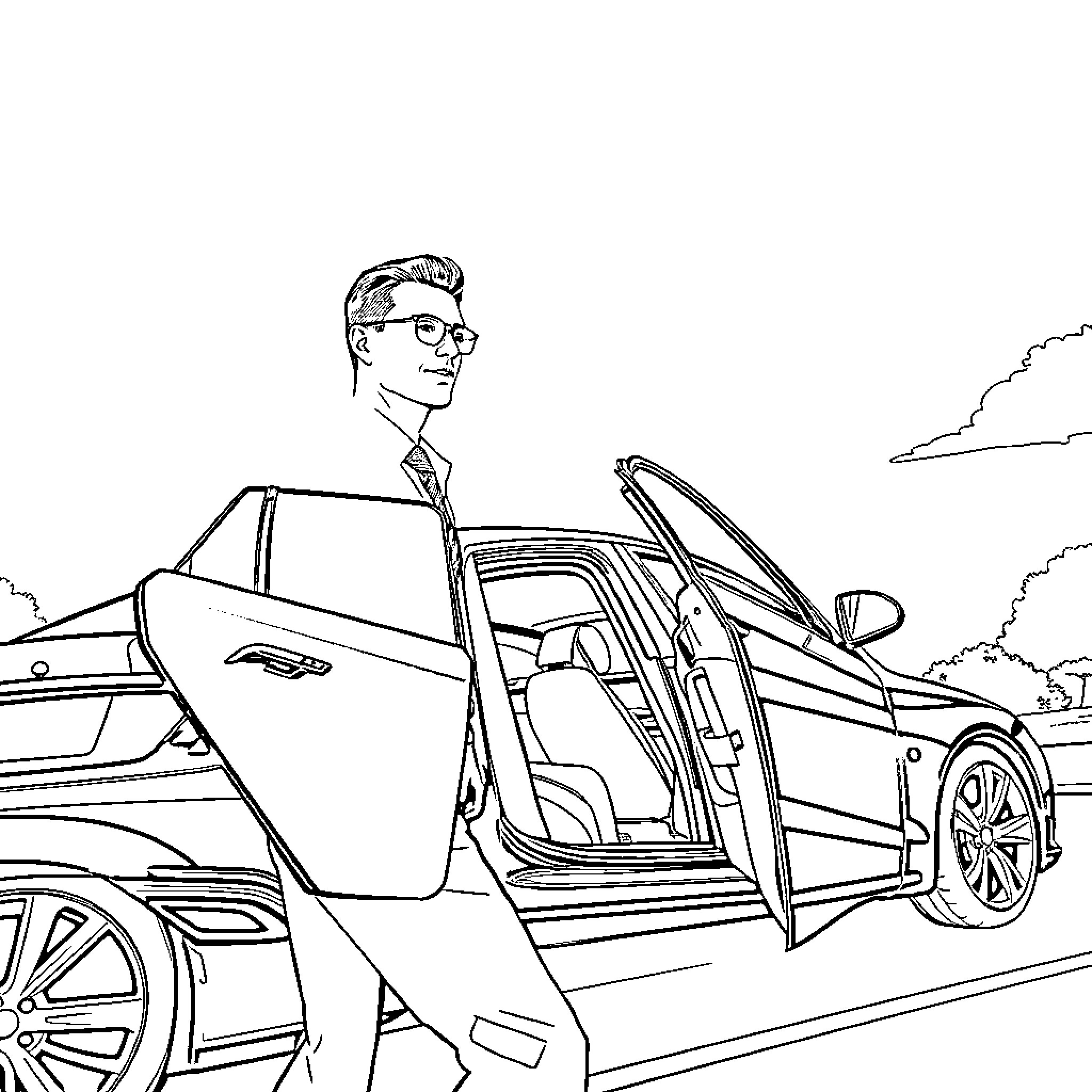 Lewandowski exits vehicle with confidence Coloring Page (free black-and-white line drawing printable PDF for all, from beginners to advanced learners, including children, teens, adults, and seniors)