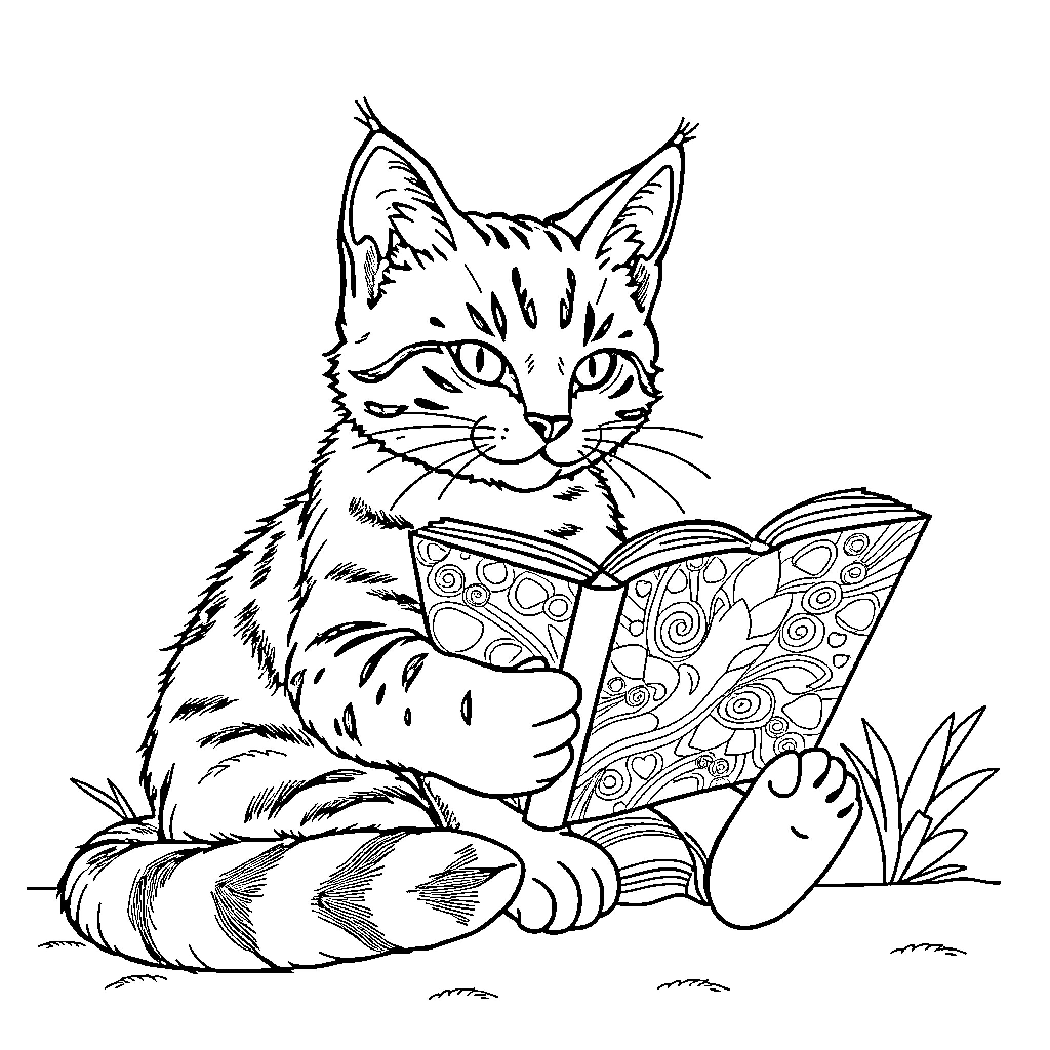 Bobcat reading a book in the wild Coloring Page (free black-and-white line drawing printable PDF for all, from beginners to advanced learners, including children, teens, adults, and seniors)