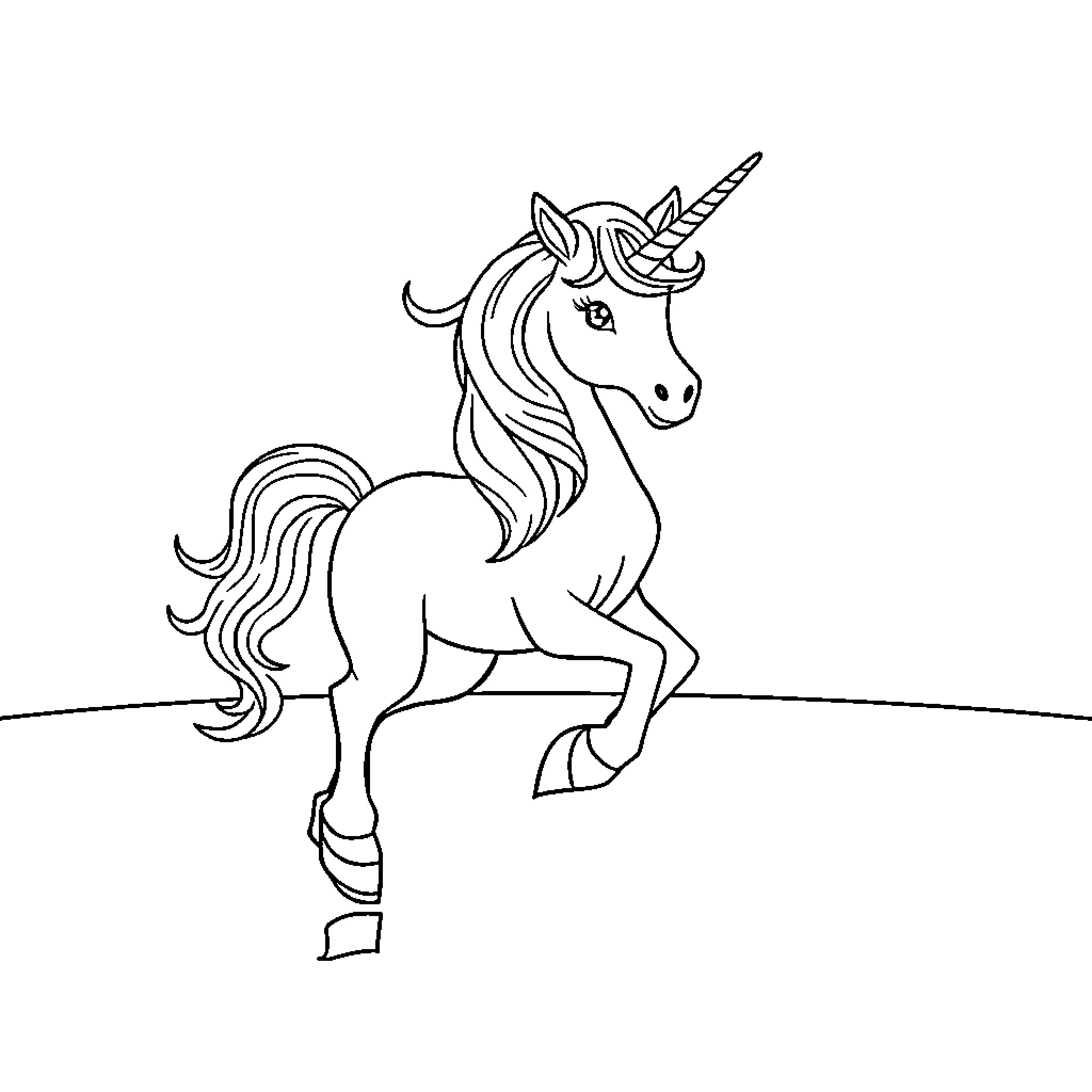 Unicorn standing gracefully on the field Coloring Page (free black-and-white line drawing printable PDF for all, from beginners to advanced learners, including children, teens, adults, and seniors)