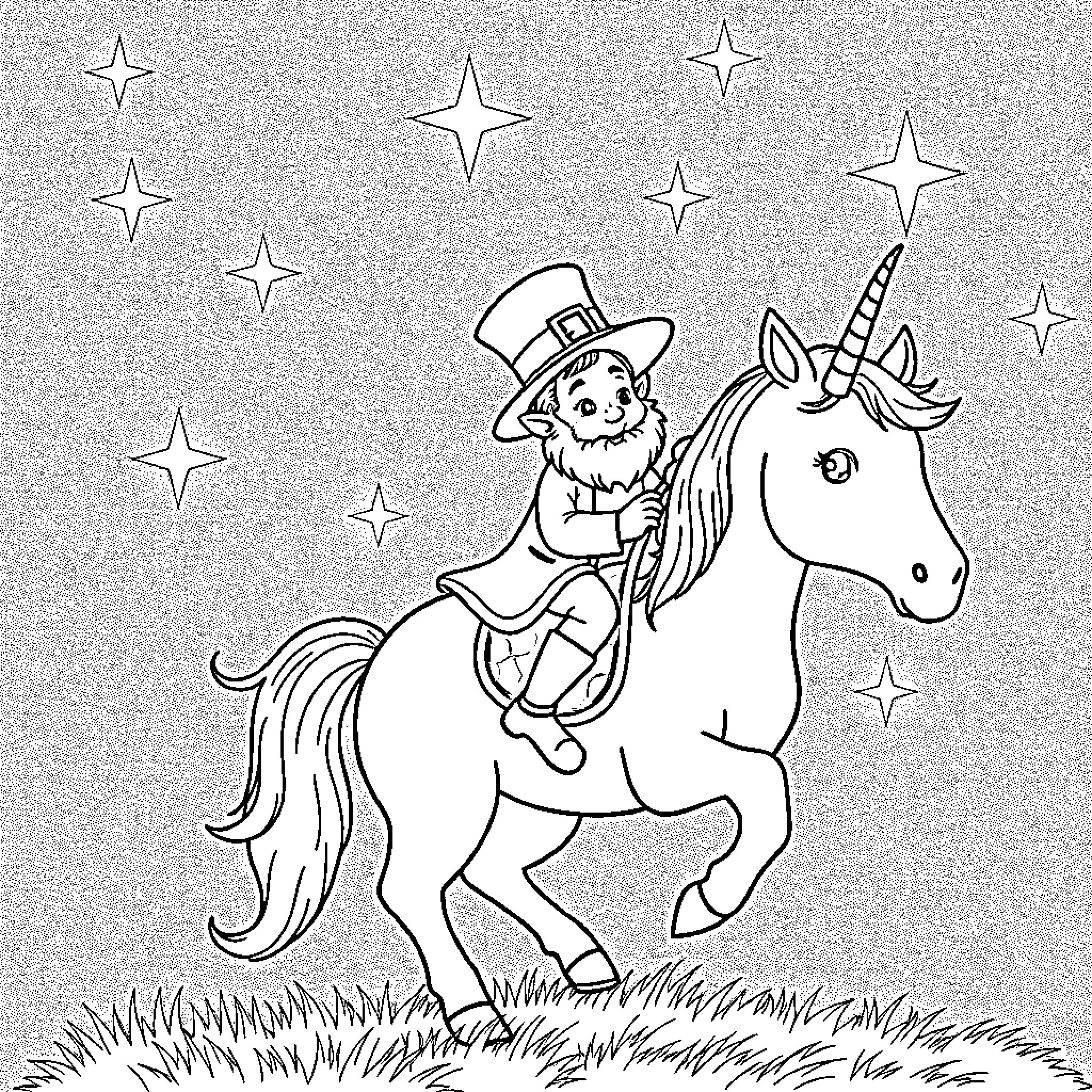 Leprechaun riding a magical unicorn under the stars Coloring Page (free black-and-white line drawing printable PDF for all, from beginners to advanced learners, including children, teens, adults, and seniors)