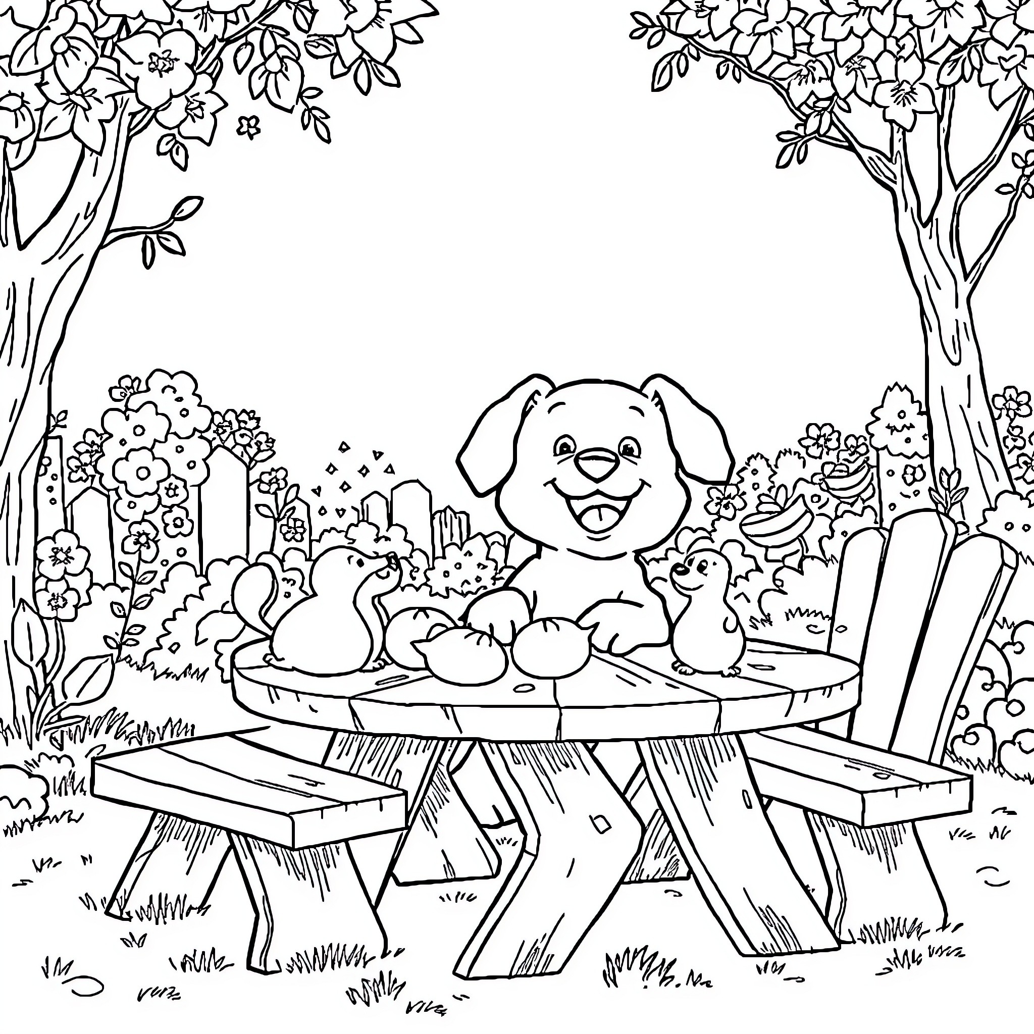 Helio's Playful Garden Party Coloring Page (free black-and-white line drawing printable PDF for all, from beginners to advanced learners, including children, teens, adults, and seniors)