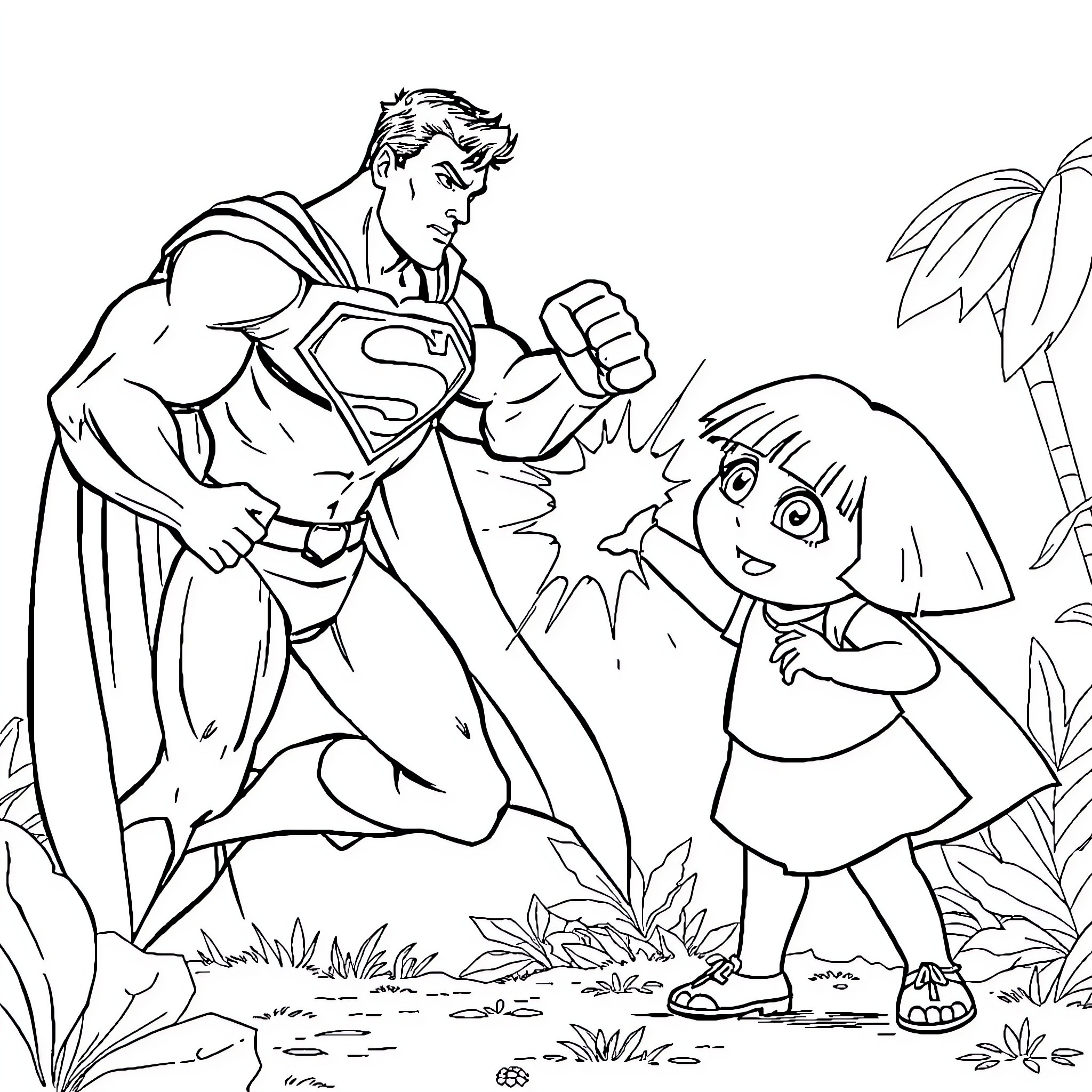 Superman helping a young girl in the jungle Coloring Page (free black-and-white line drawing printable PDF for all, from beginners to advanced learners, including children, teens, adults, and seniors)