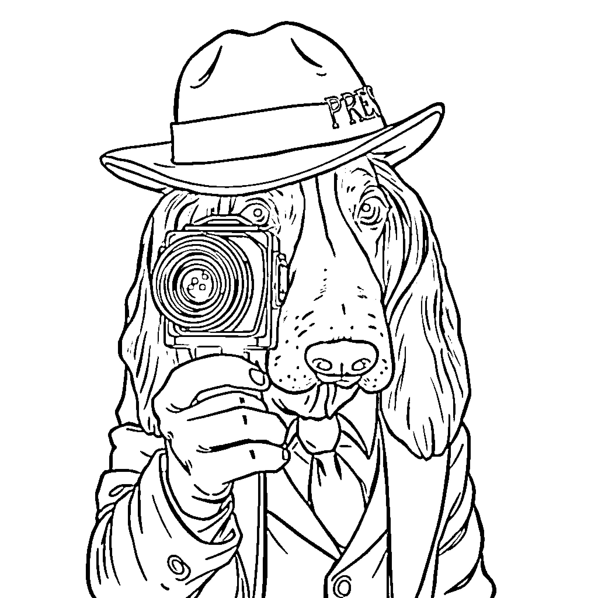 Basset Hound photographer capturing the moment Coloring Page (free black-and-white line drawing printable PDF for all, from beginners to advanced learners, including children, teens, adults, and seniors)