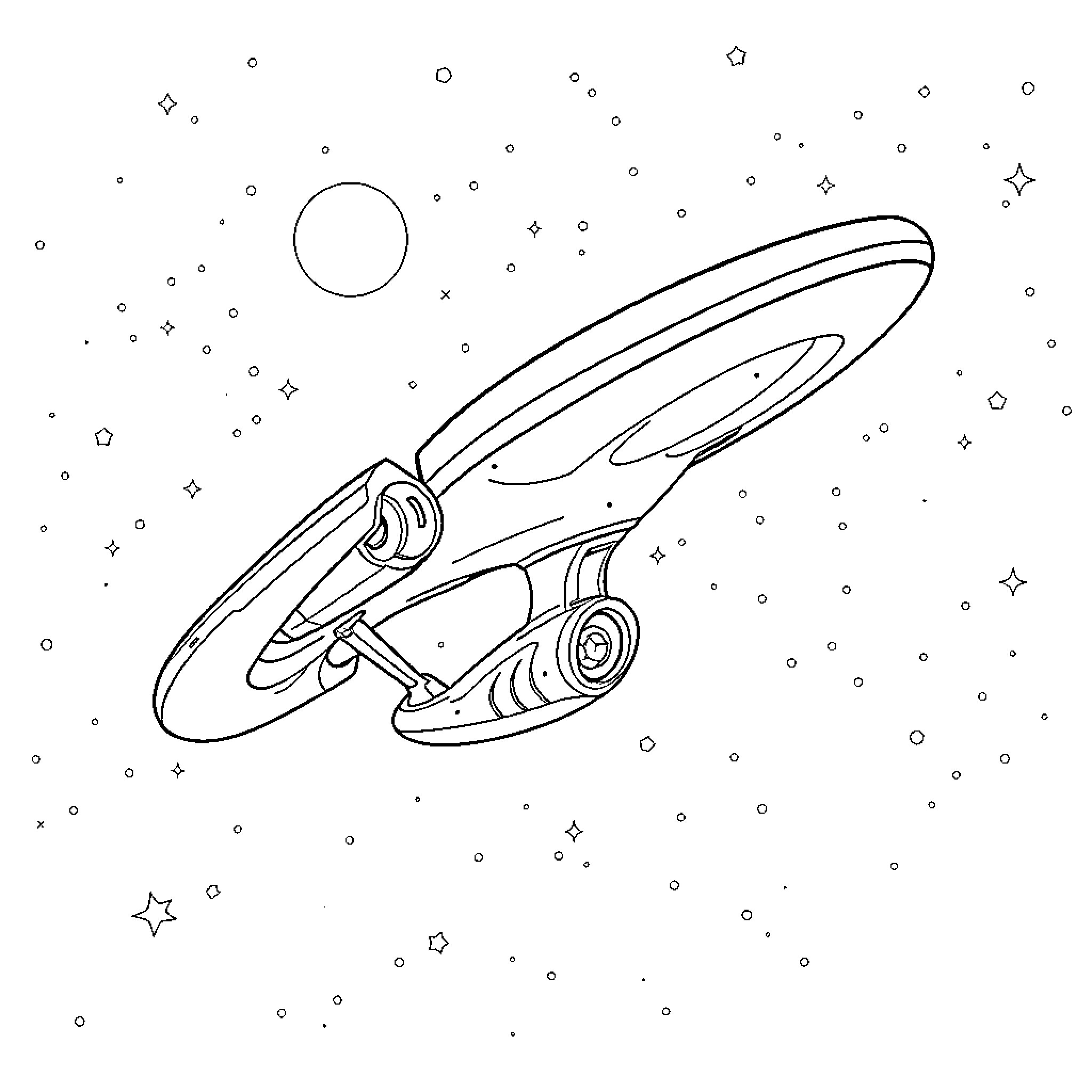 USS Enterprise exploring the vast cosmic expanse Coloring Page (free black-and-white line drawing printable PDF for all, from beginners to advanced learners, including children, teens, adults, and seniors)