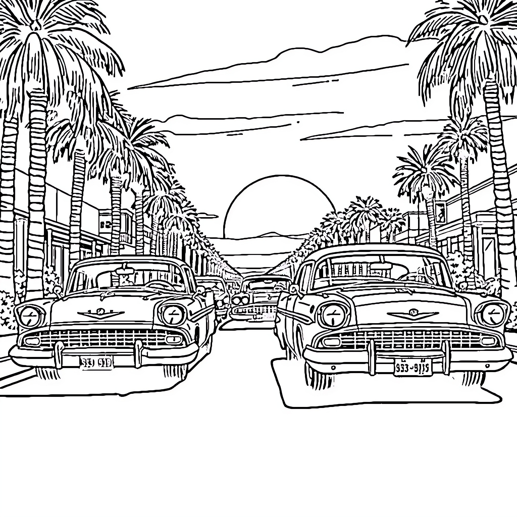 Lowrider Cars in Tropical Getaway Coloring Page (free black-and-white line drawing printable PDF for all, from beginners to advanced learners, including children, teens, adults, and seniors)